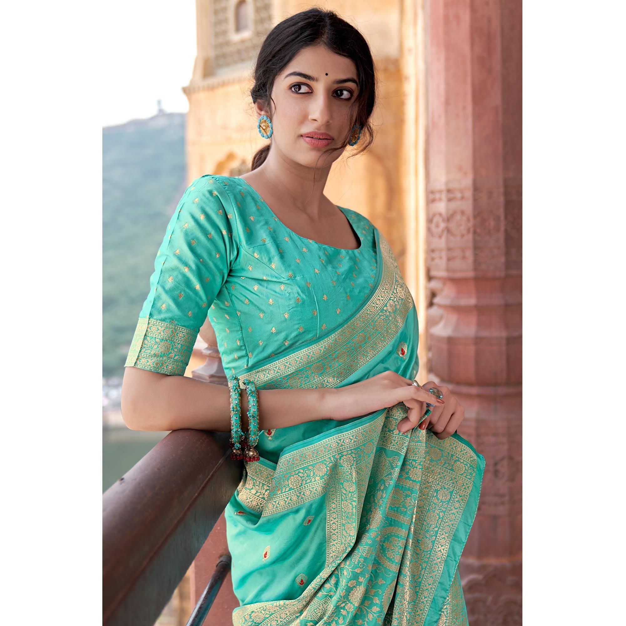 Aqua Blue Festive Wear Woven Banarasi Silk Saree - Peachmode