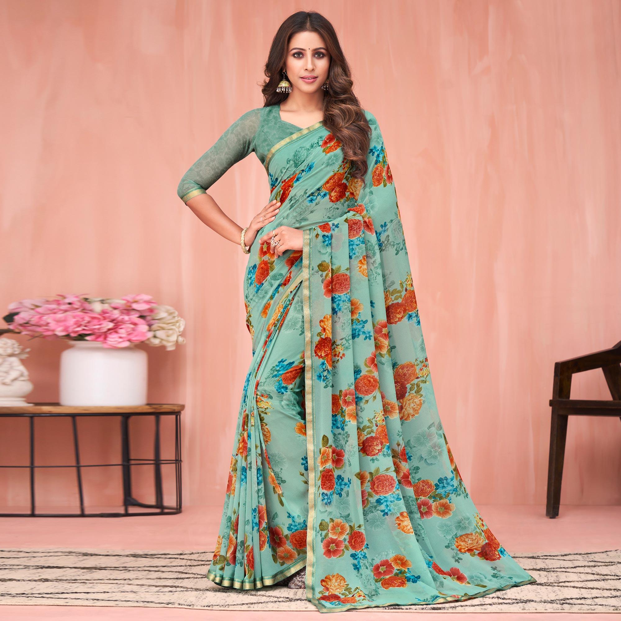 Aqua Blue Floral Printed Georgette Saree - Peachmode
