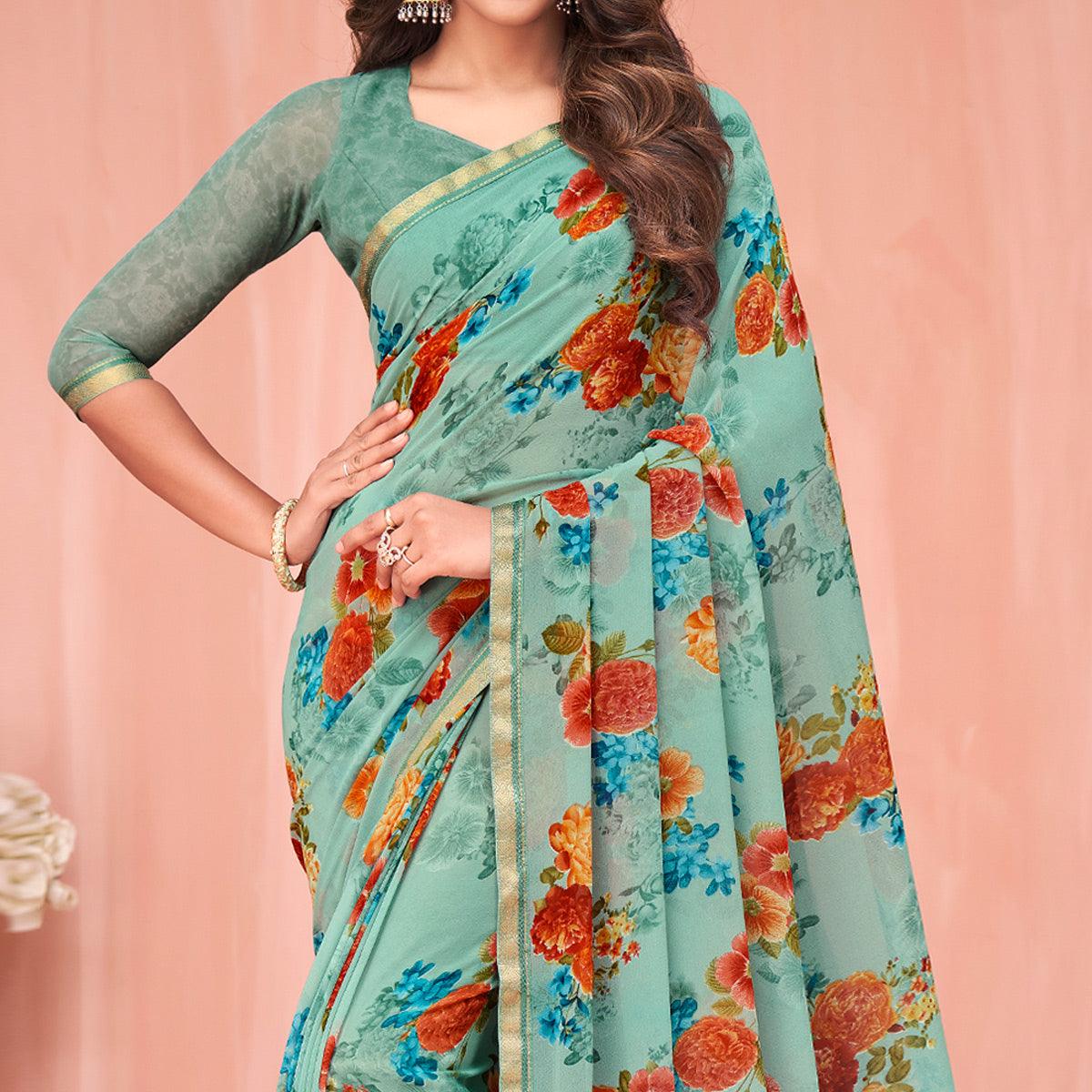 Aqua Blue Floral Printed Georgette Saree - Peachmode