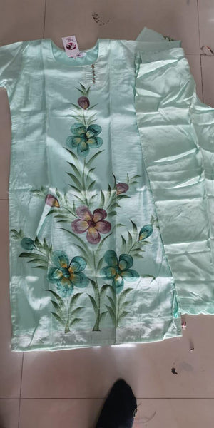 Aqua Blue Floral Printed With Embellished Cotton Silk Kurti Pant Set - Peachmode
