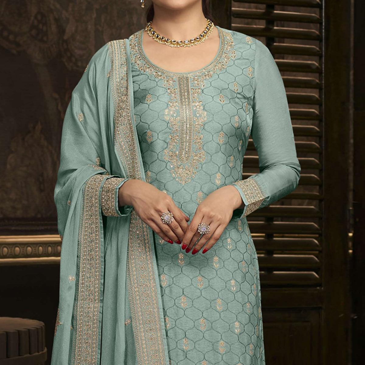 Aqua Blue Floral Sequence Embroidered Dola Silk Palazzo Suit - Peachmode
