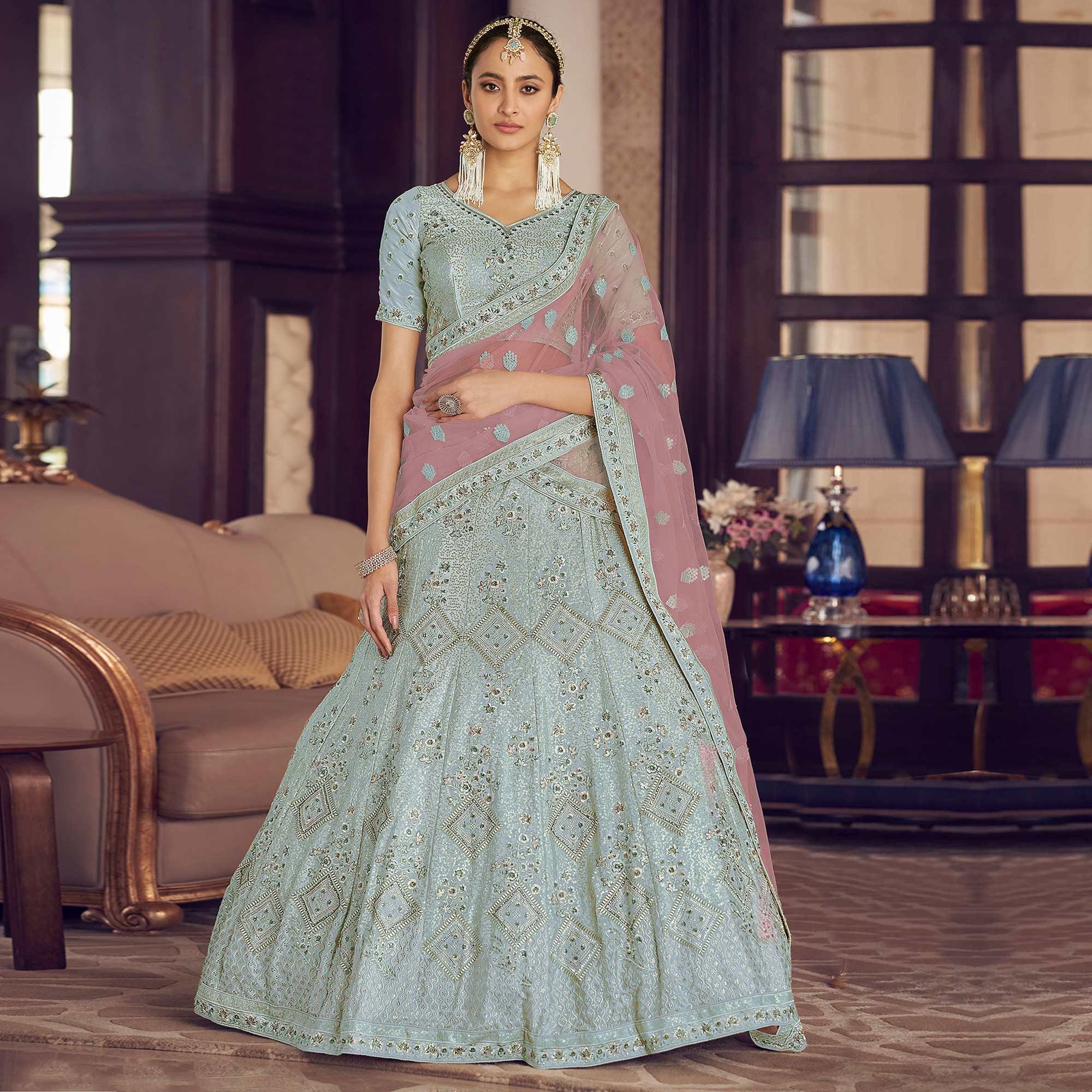 Aqua Blue Party Wear Embroidered Crepe Lehenga Choli - Peachmode