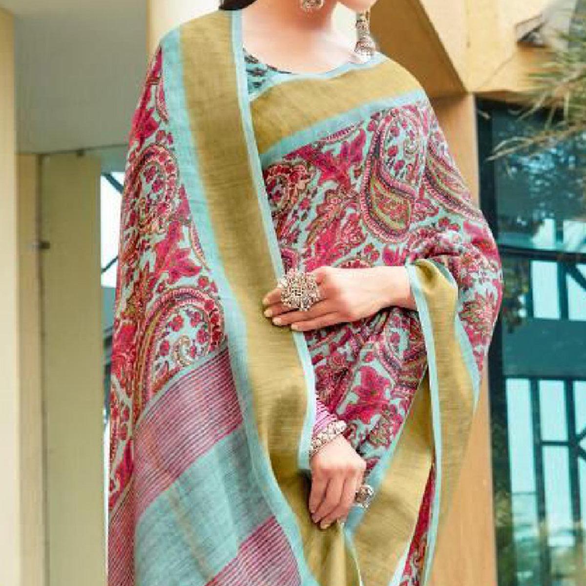 Aqua Blue - Pink Casual Wear Floral Printed Pure Linen Saree - Peachmode