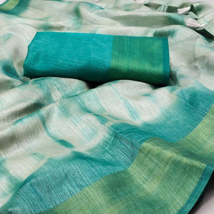 Aqua Blue Printed Poly Cotton Saree With Tassels - Peachmode