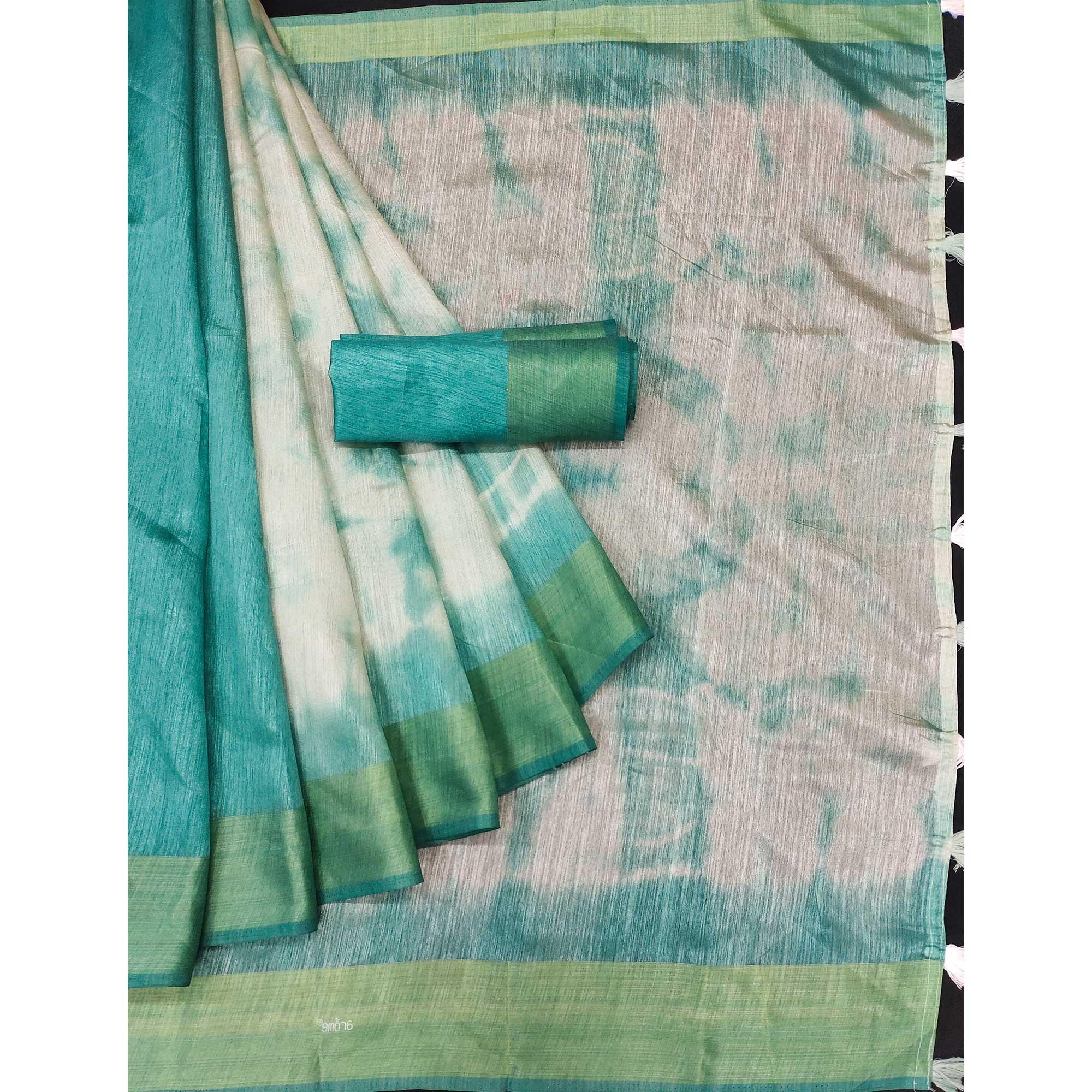 Aqua Blue Printed Poly Cotton Saree With Tassels - Peachmode