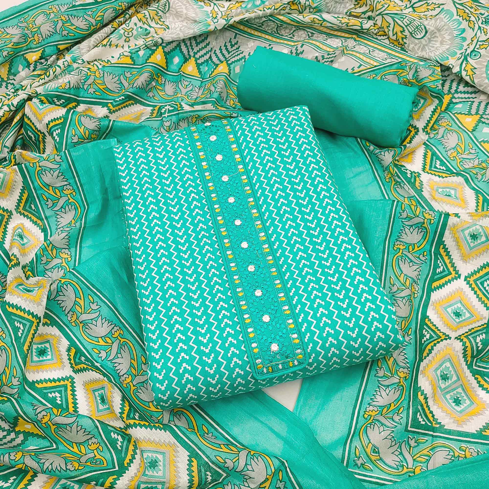 Aqua Blue Printed With Embroidered Cotton Blend Dress Material - Peachmode
