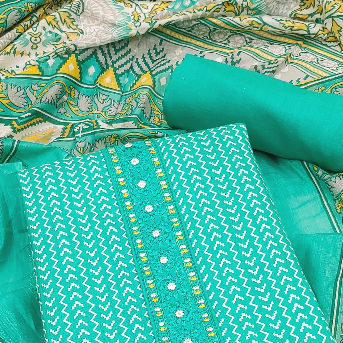 Aqua Blue Printed With Embroidered Cotton Blend Dress Material - Peachmode