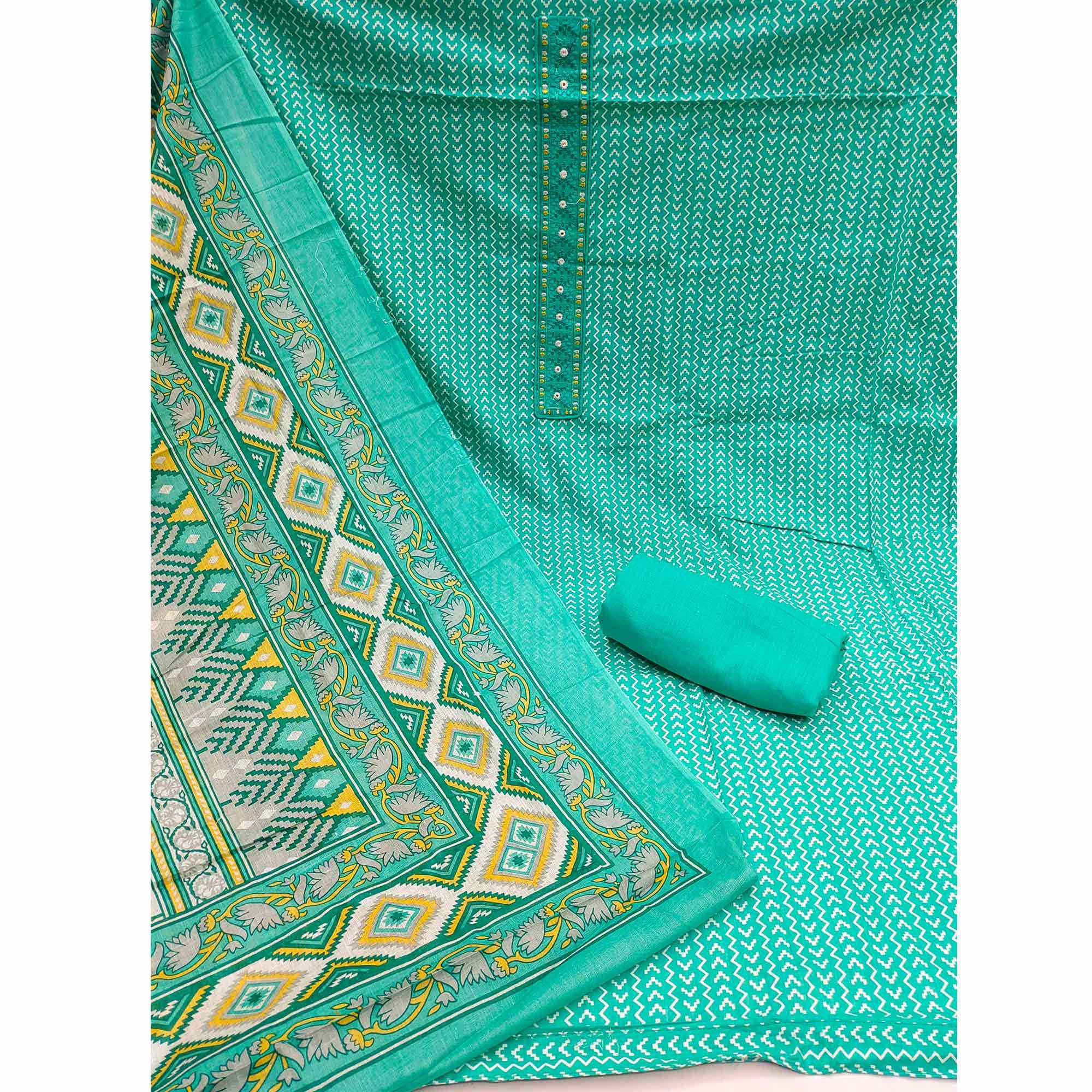 Aqua Blue Printed With Embroidered Cotton Blend Dress Material - Peachmode