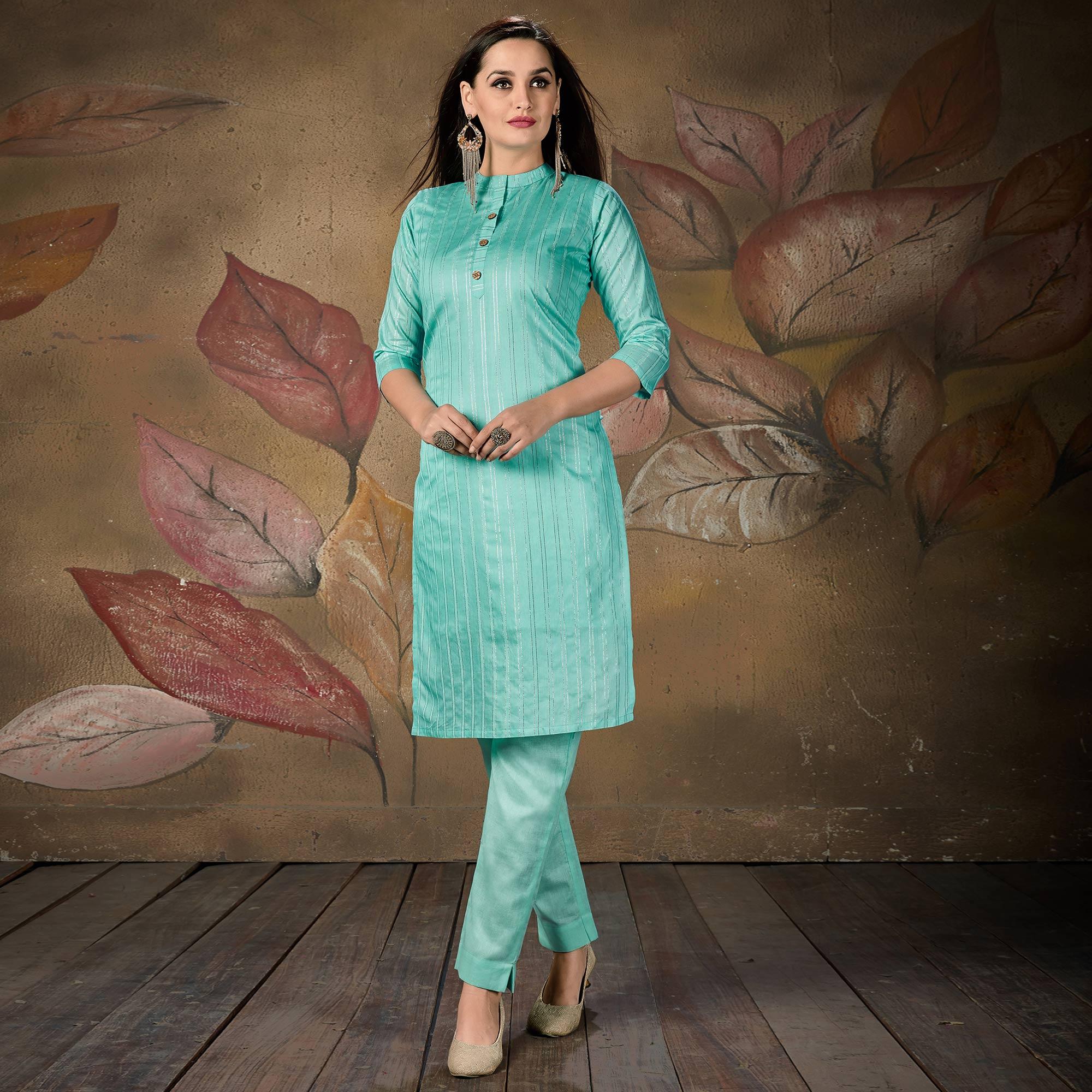 Aqua  Blue Stripe Printed Cotton Blend Kurti - Peachmode