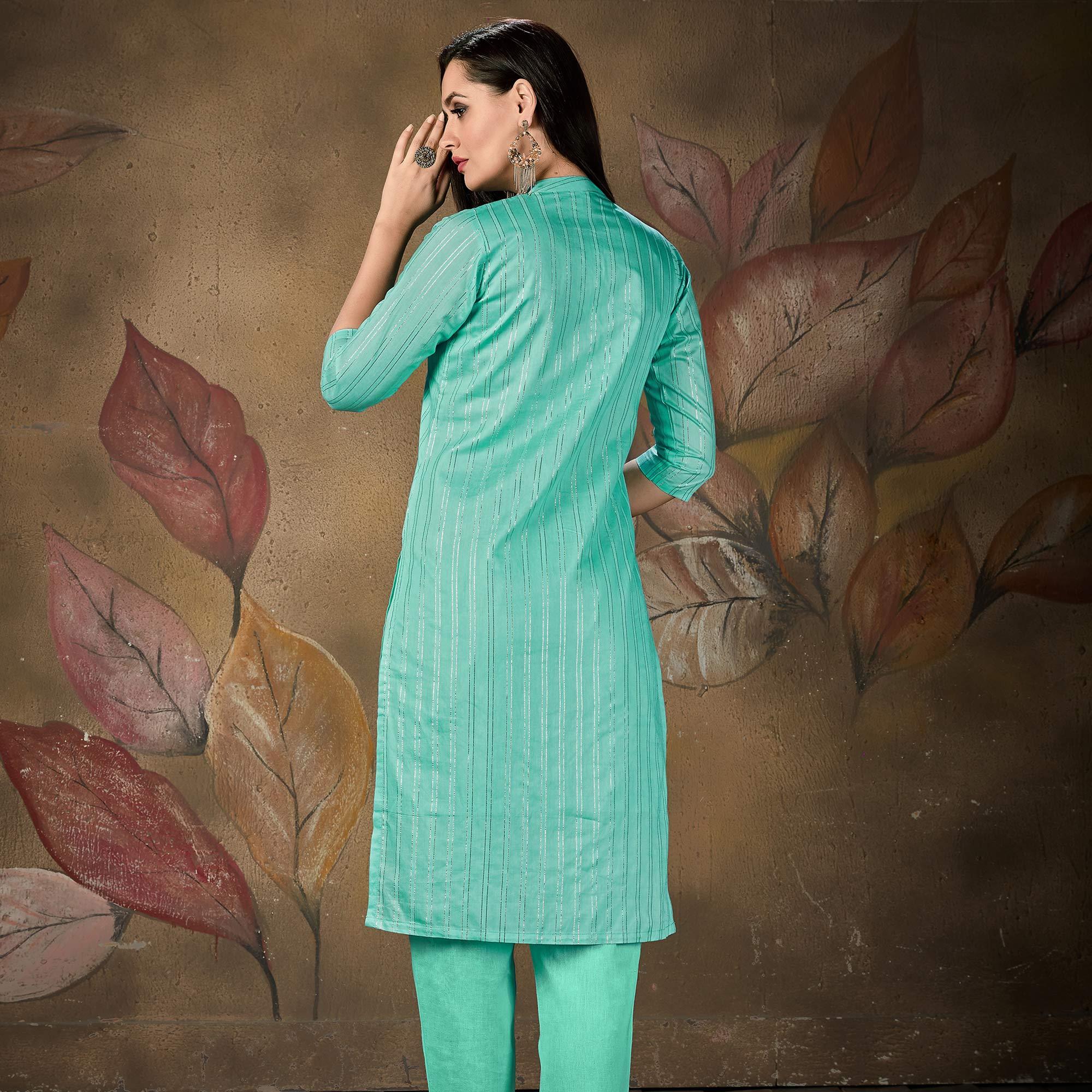 Aqua  Blue Stripe Printed Cotton Blend Kurti - Peachmode