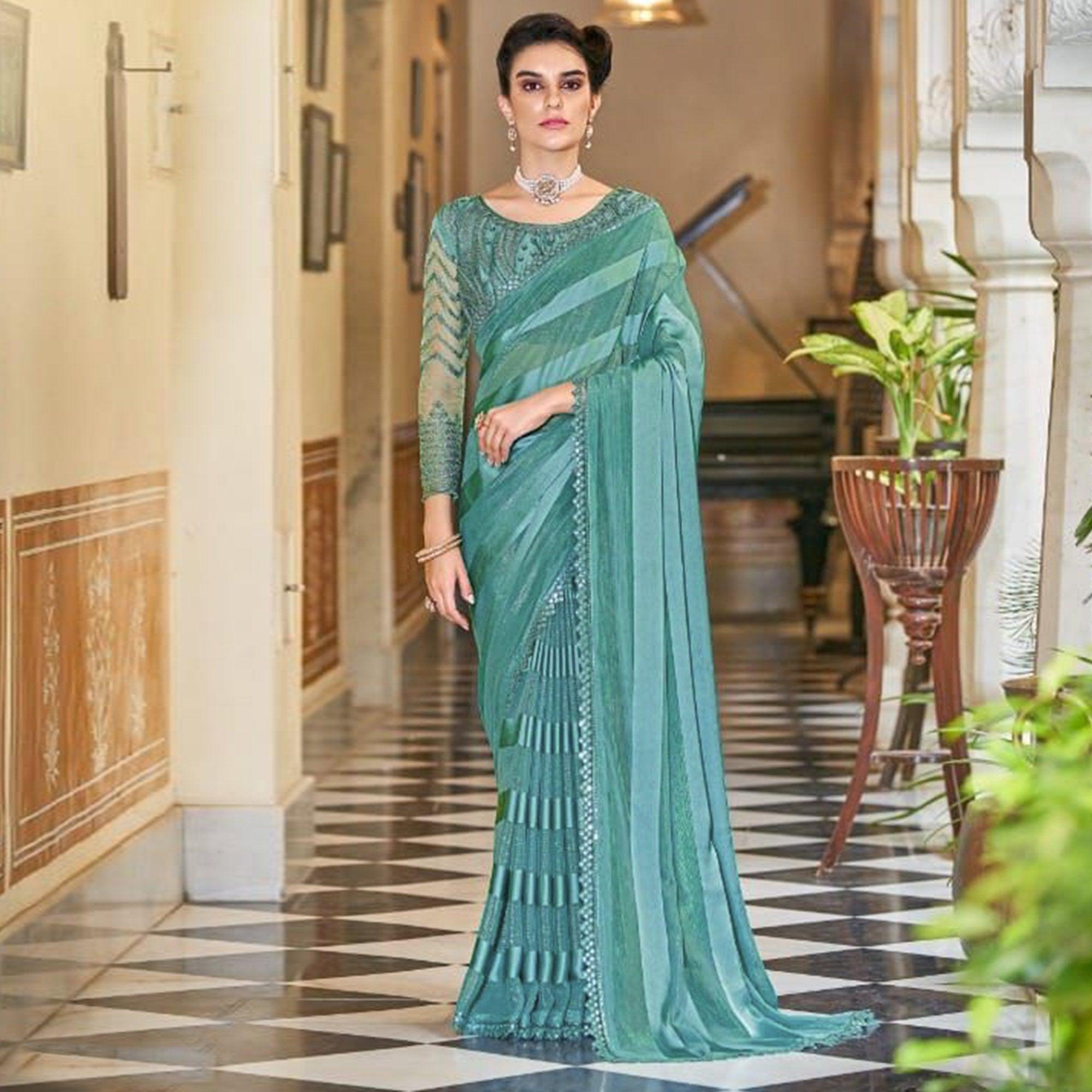 Aqua Blue Striped Art Silk Saree - Peachmode