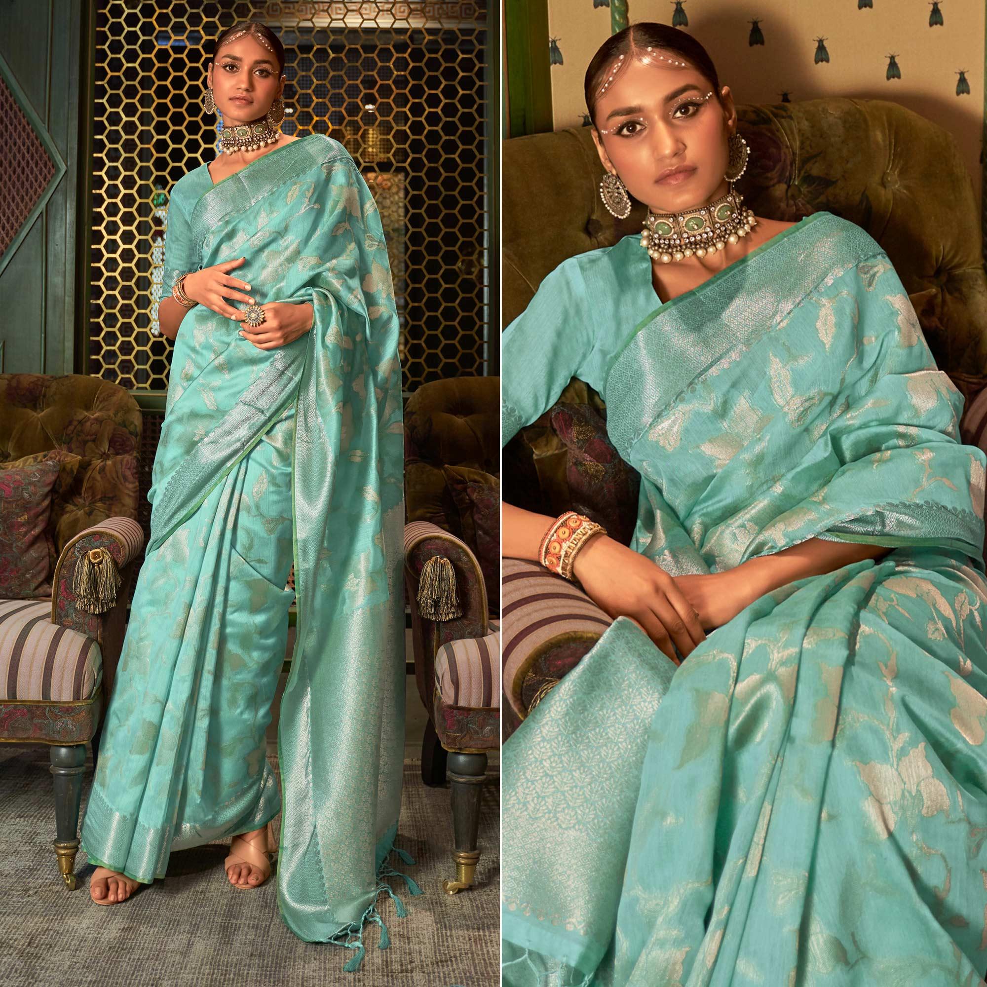 Aqua Blue Woven Art Silk Saree - Peachmode