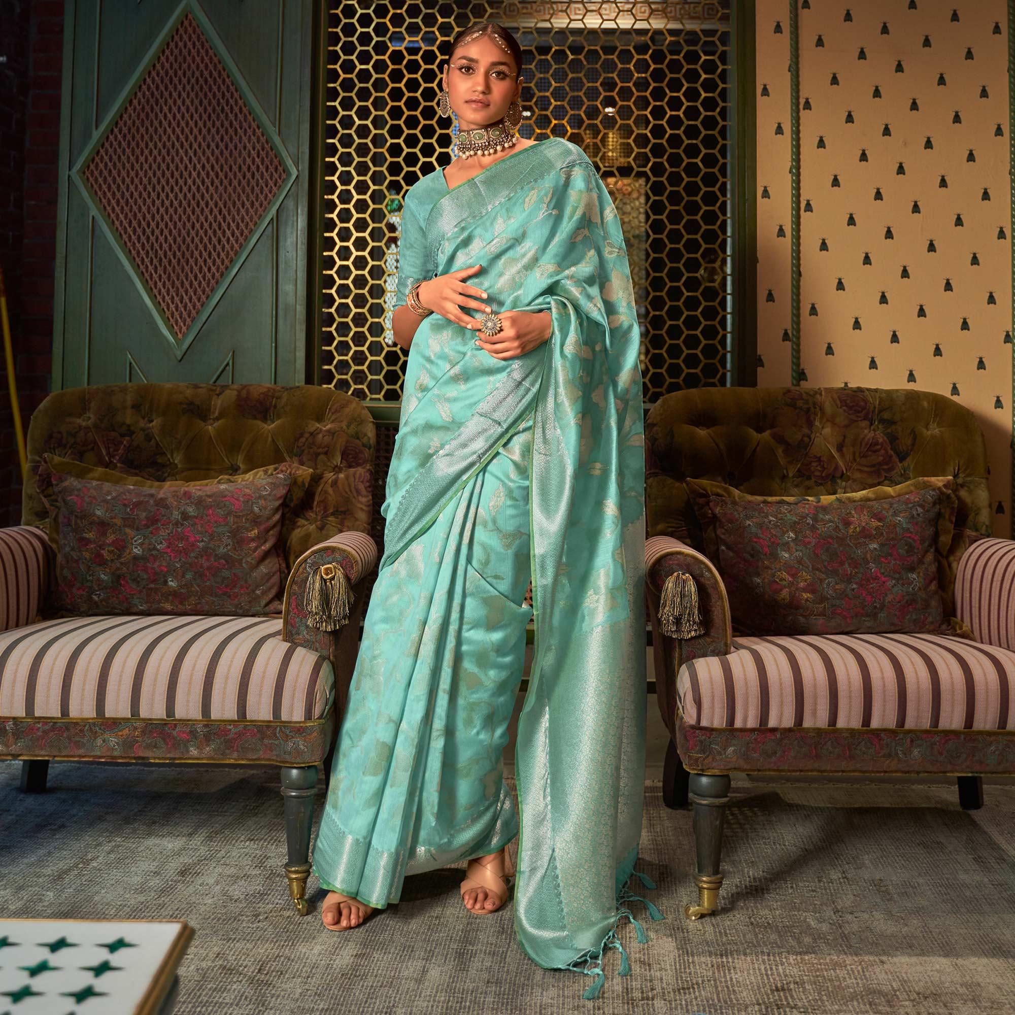 Aqua Blue Woven Art Silk Saree - Peachmode