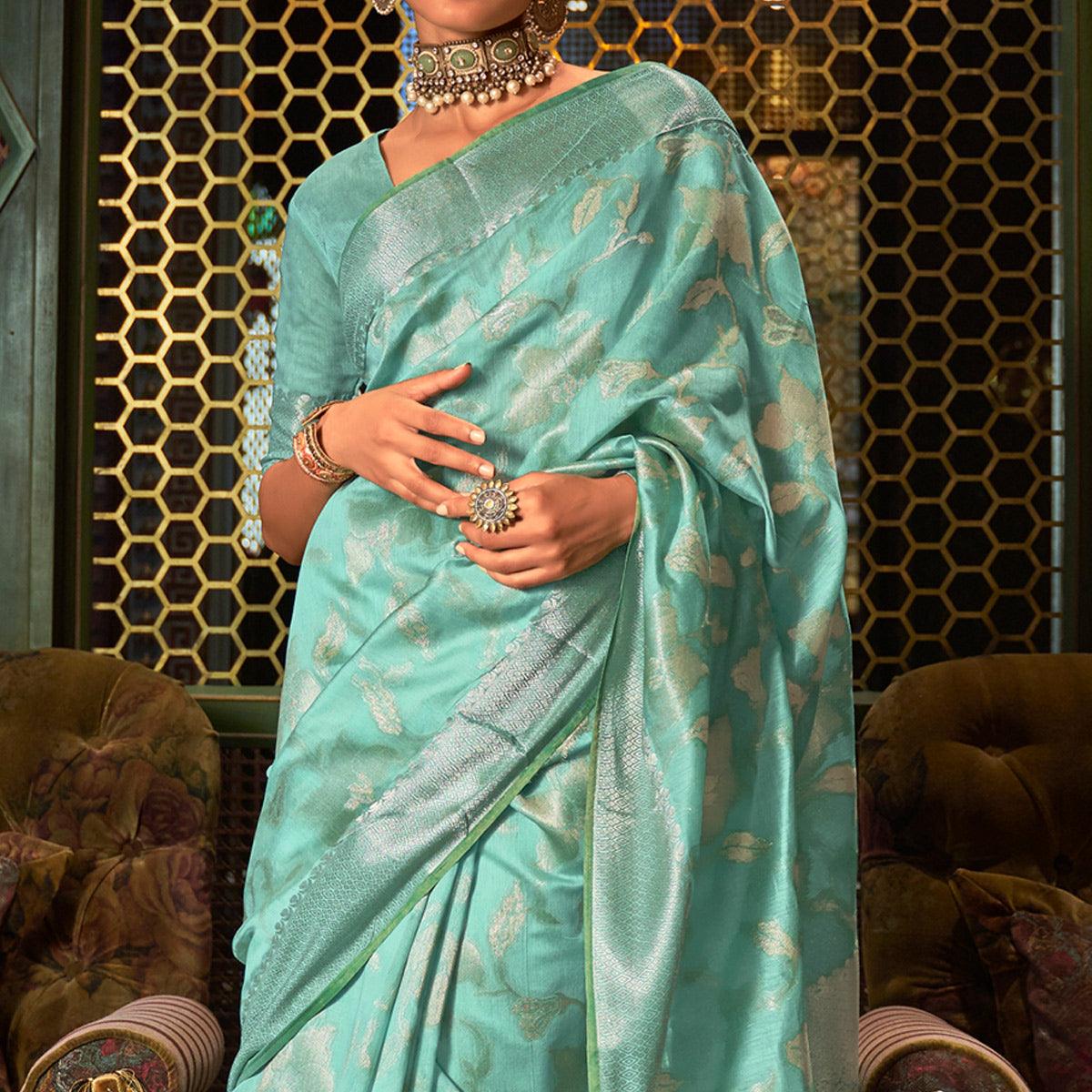 Aqua Blue Woven Art Silk Saree - Peachmode