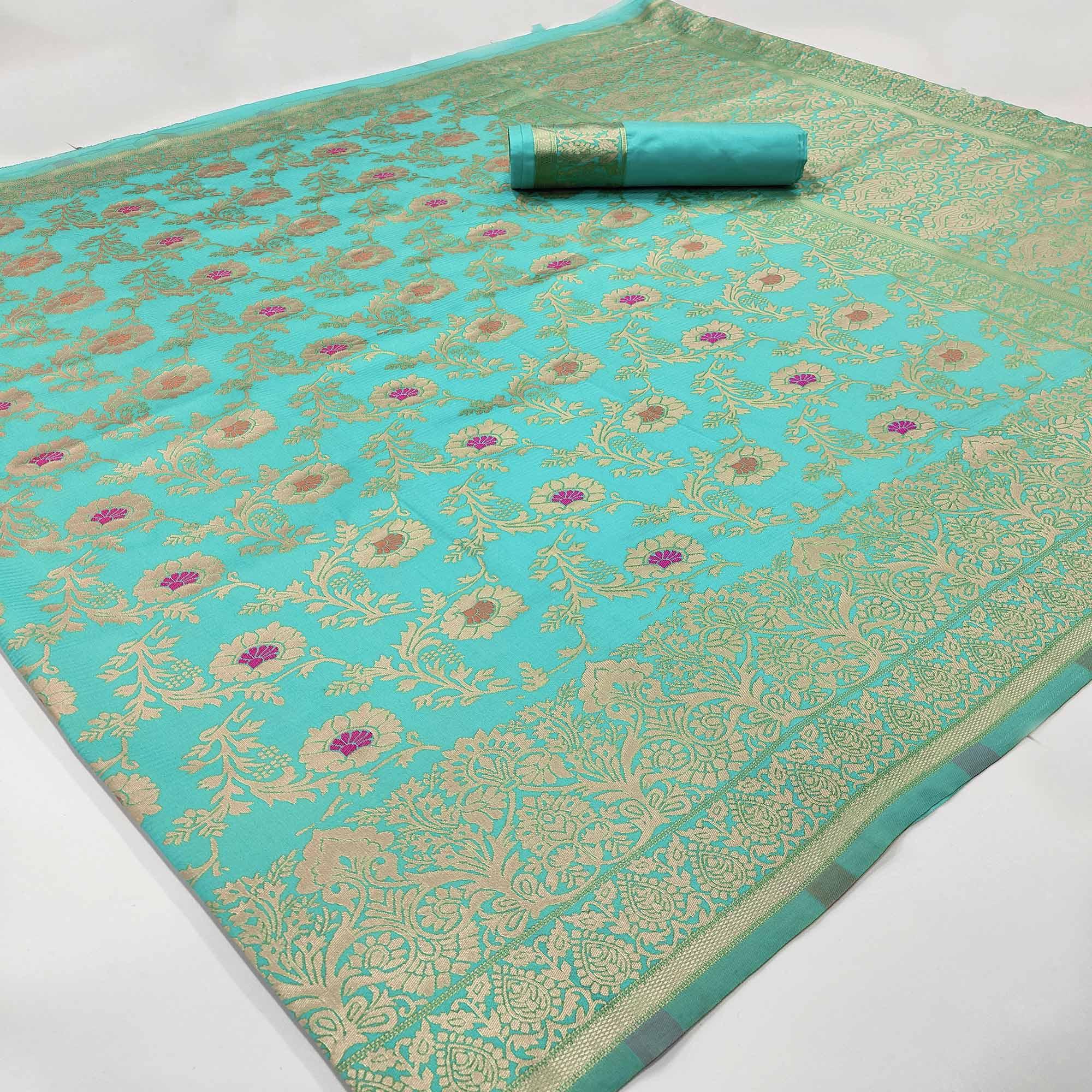 Aqua Blue Woven Banarasi Silk Saree - Peachmode