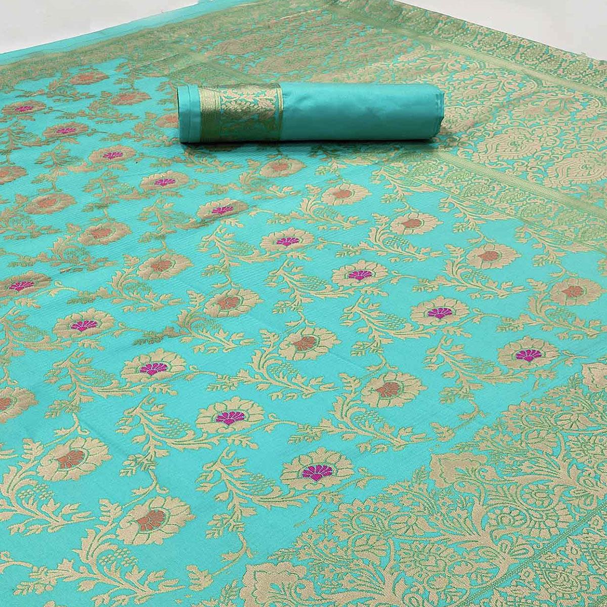 Aqua Blue Woven Banarasi Silk Saree - Peachmode