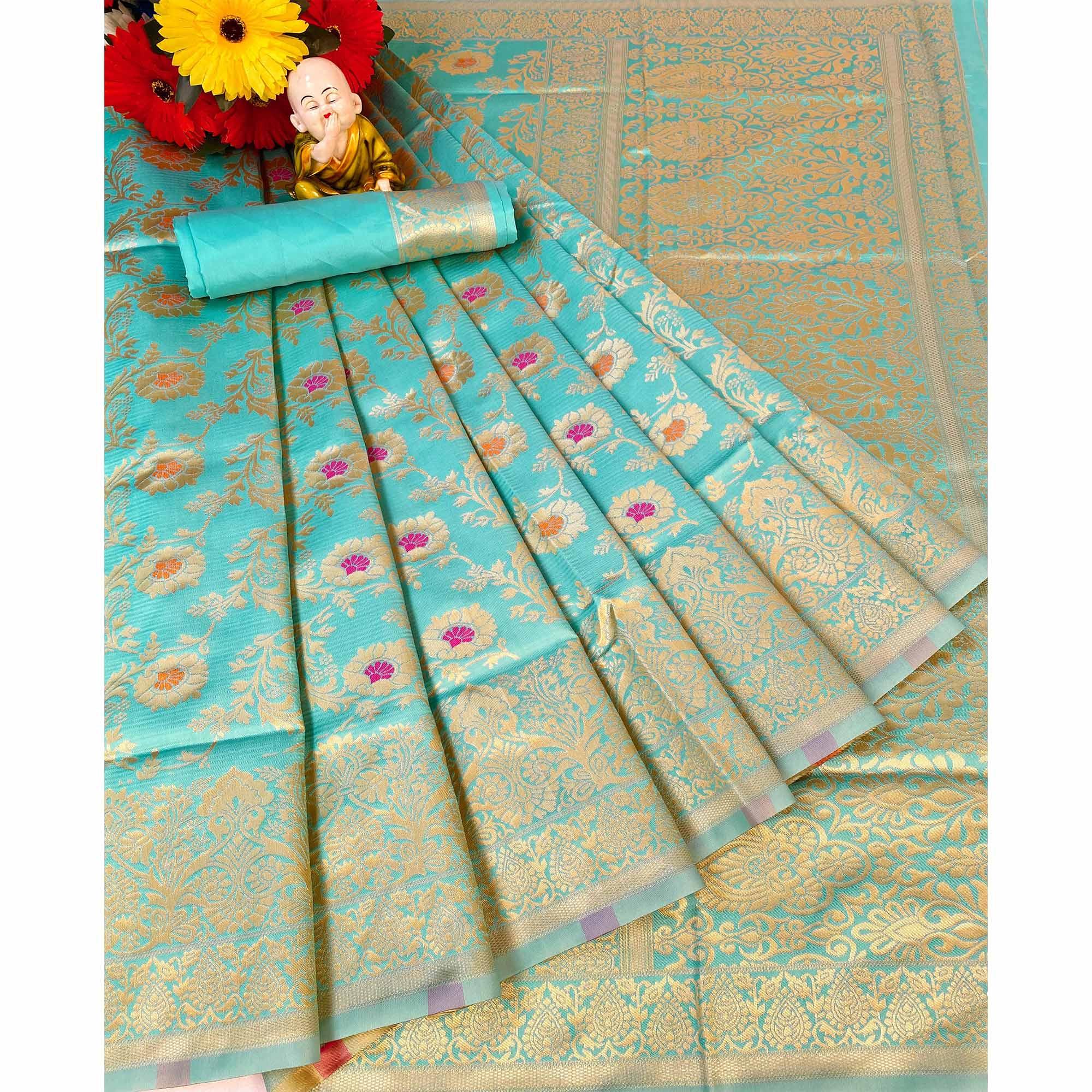 Aqua Blue Woven Banarasi Silk Saree - Peachmode