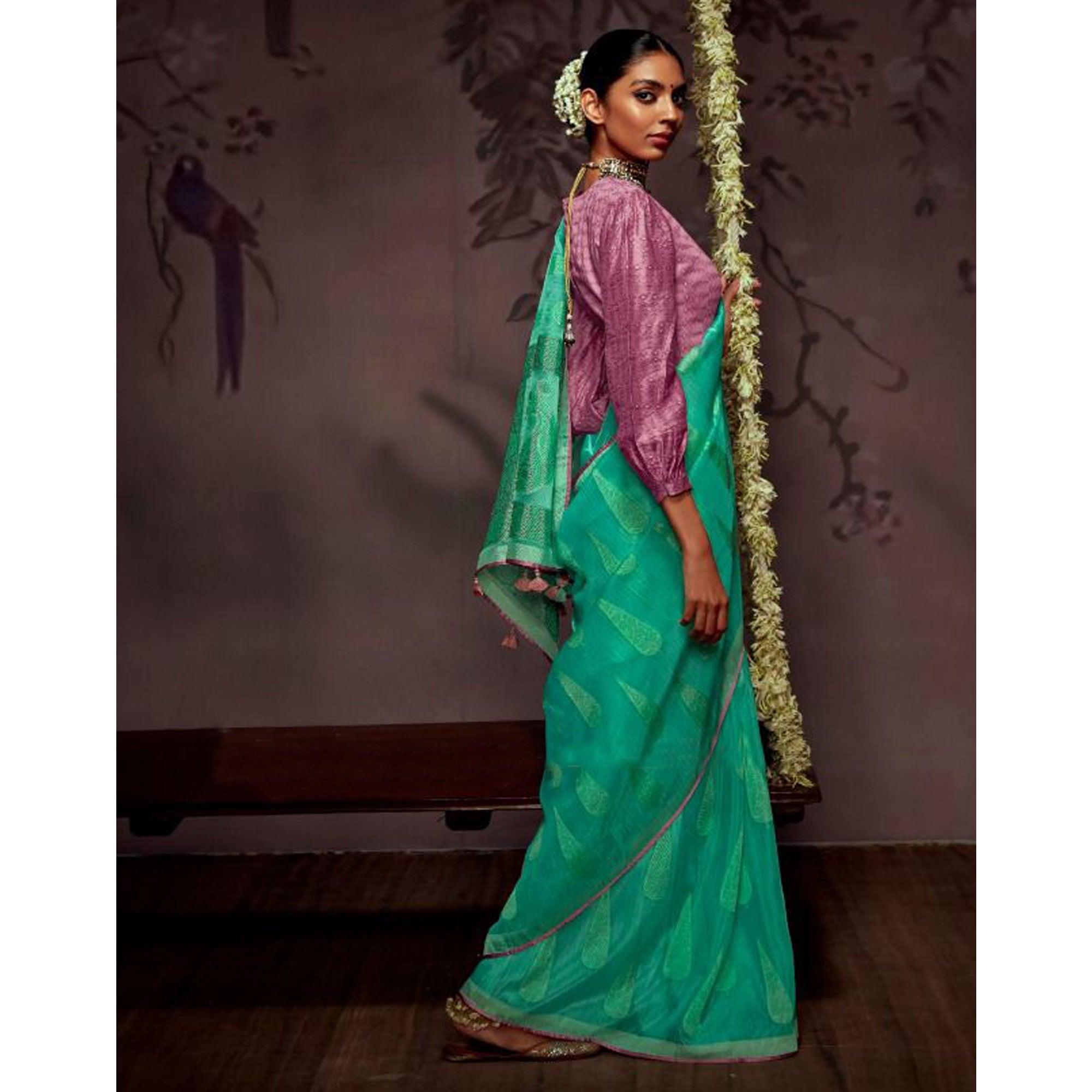 Aqua Blue Woven Brasso Saree With Tassels - Peachmode