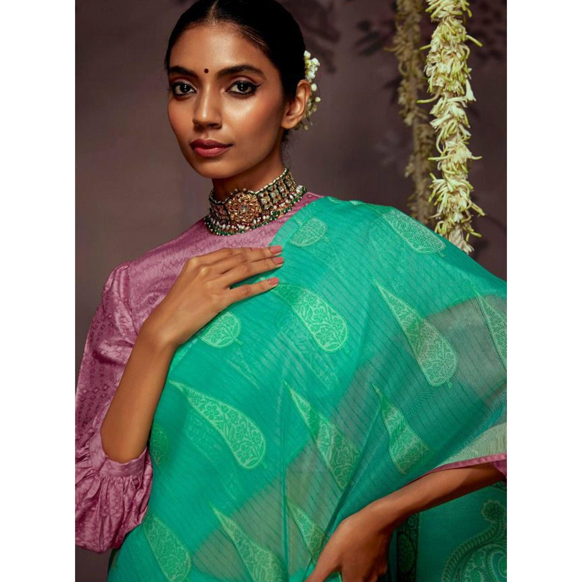 Aqua Blue Woven Brasso Saree With Tassels - Peachmode