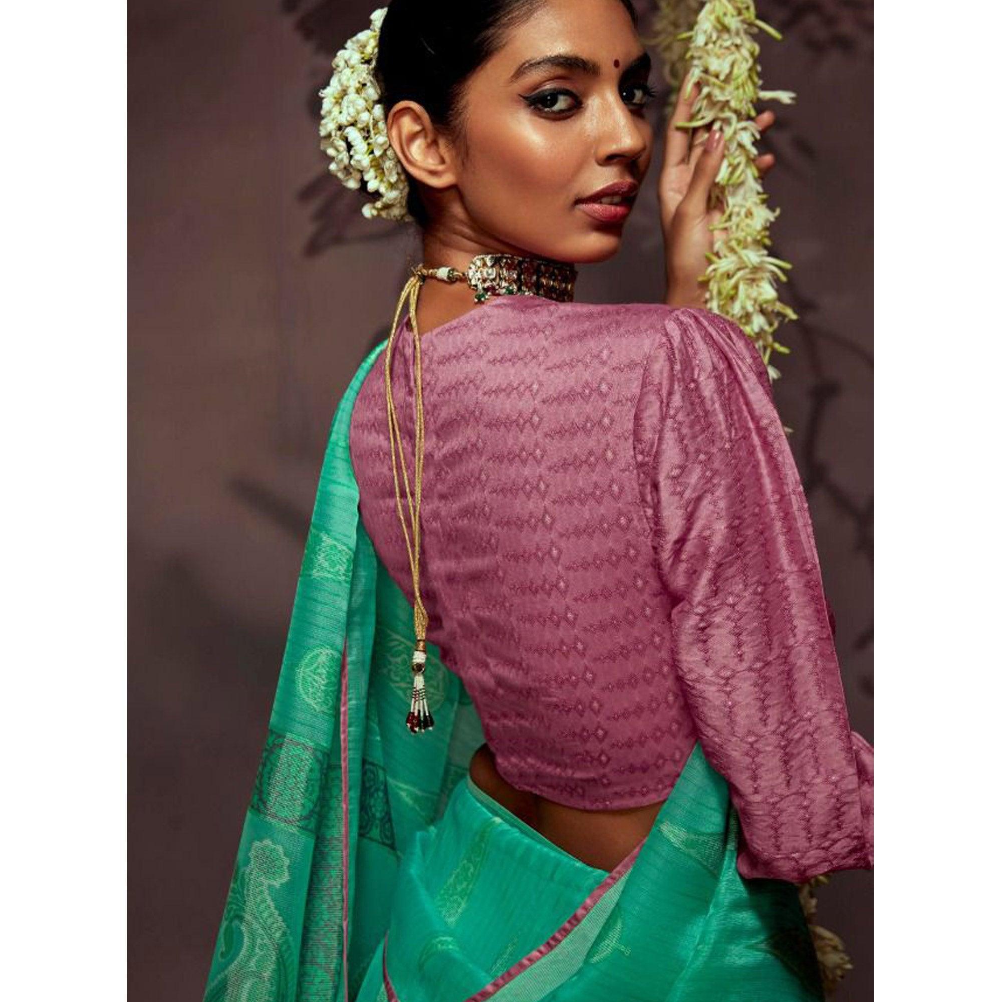 Aqua Blue Woven Brasso Saree With Tassels - Peachmode