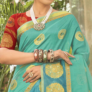 Aqua Blue Woven Organza Saree With Tassels - Peachmode