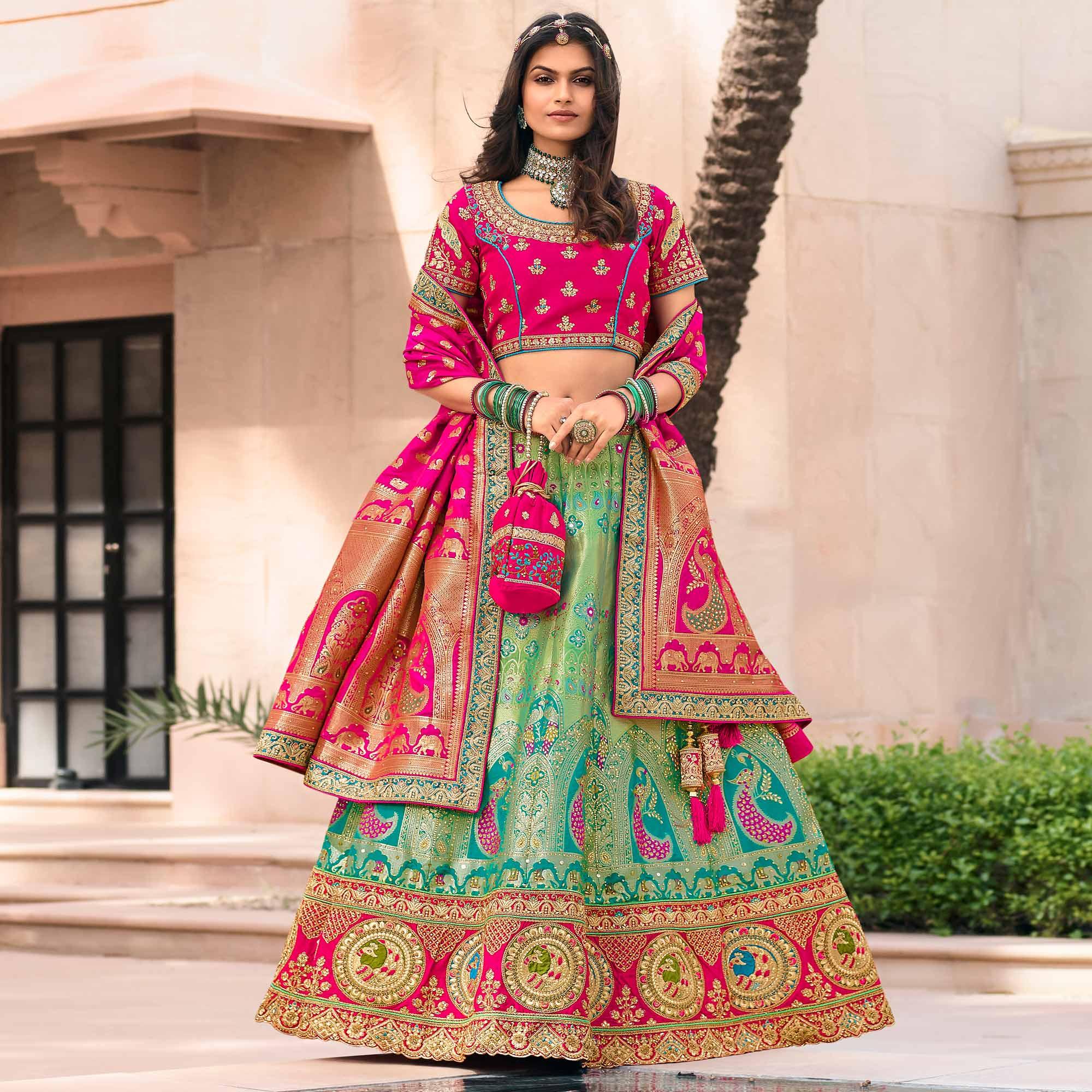 Aqua Green & Pink Wedding Wear Floral Embroidered With Woven Banarasi Silk Lehenga Choli - Peachmode