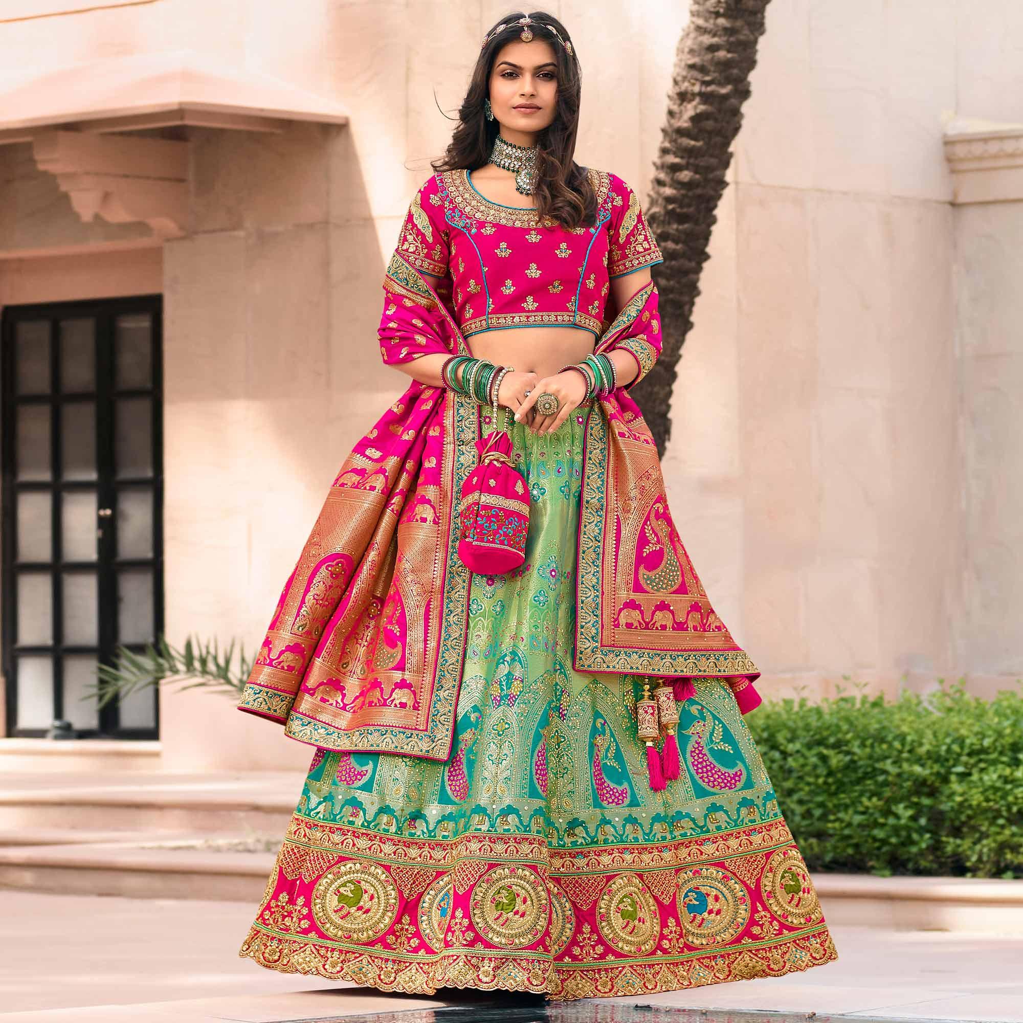 Aqua Green & Pink Wedding Wear Floral Embroidered With Woven Banarasi Aqua Green & Pink Wedding Wear Floral Embroidered With Woven Banarasi