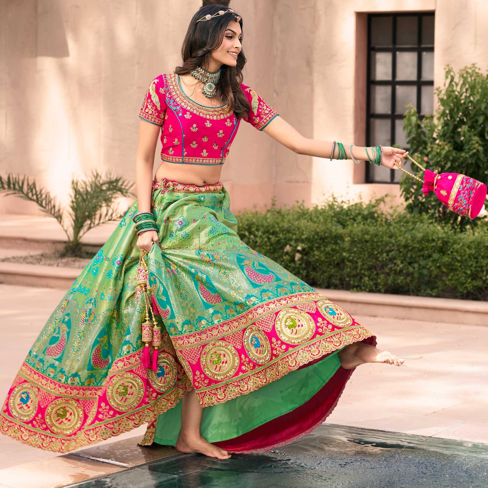 Aqua Green & Pink Wedding Wear Floral Embroidered With Woven Banarasi Silk Lehenga Choli - Peachmode