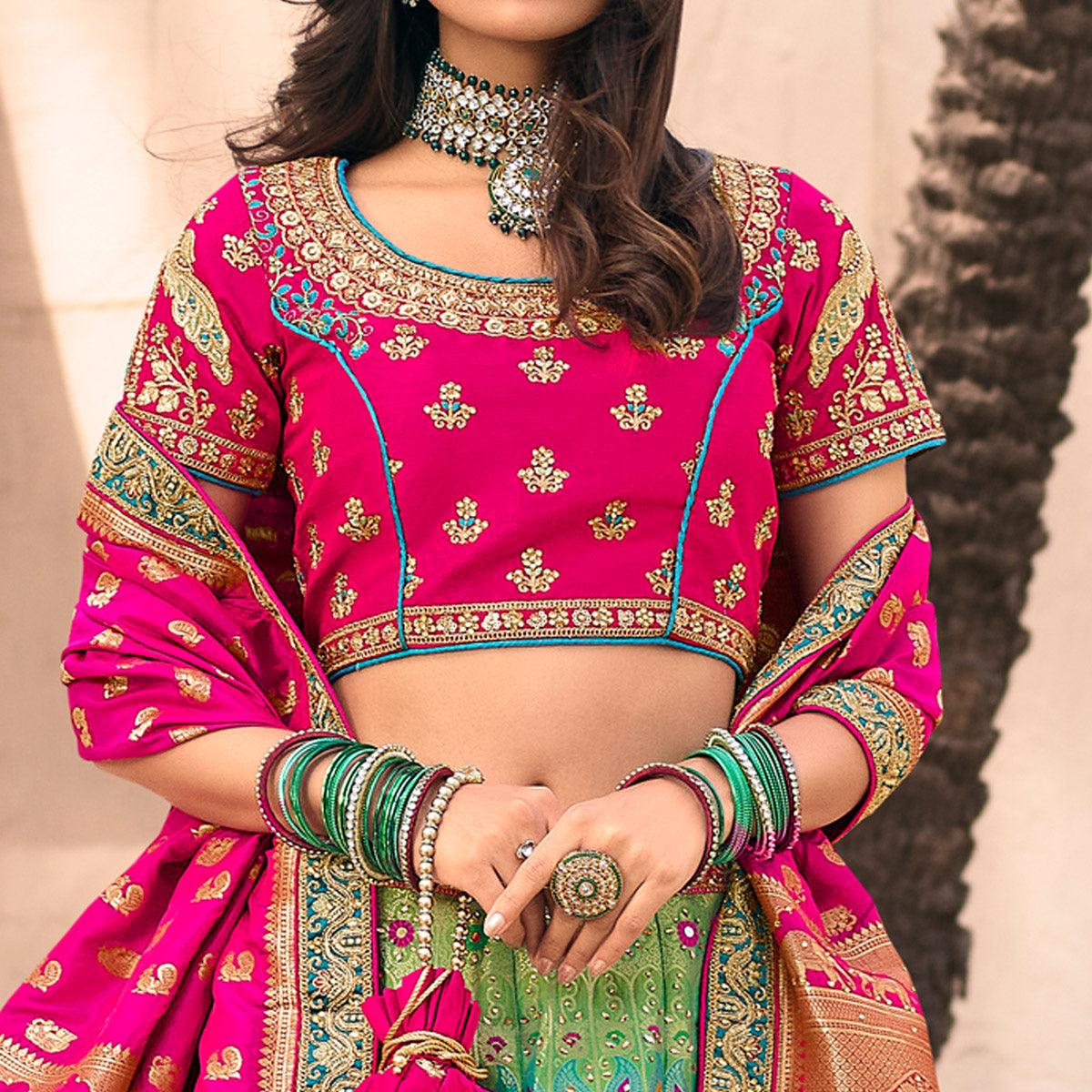 Aqua Green & Pink Wedding Wear Floral Embroidered With Woven Banarasi Silk Lehenga Choli - Peachmode