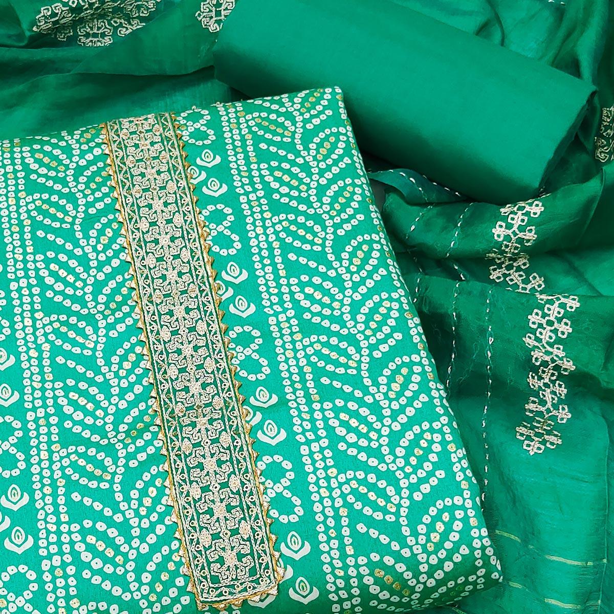Aqua Green Bandhani Printed Pure Cotton Dress Material - Peachmode