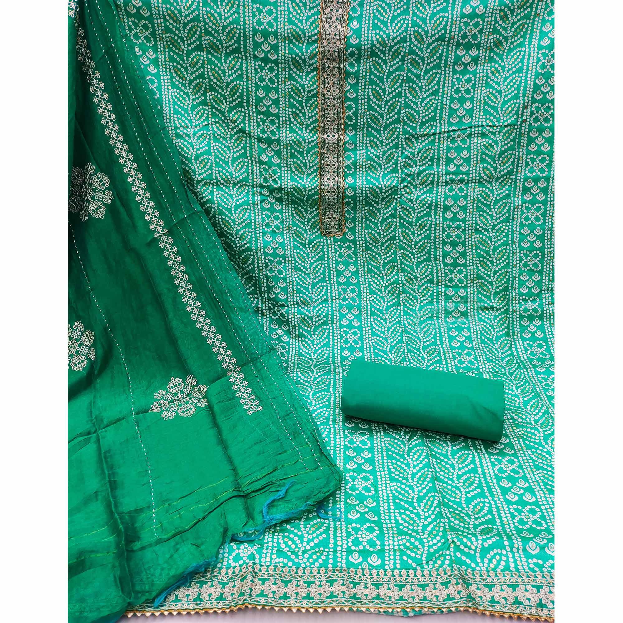 Aqua Green Bandhani Printed Pure Cotton Dress Material - Peachmode