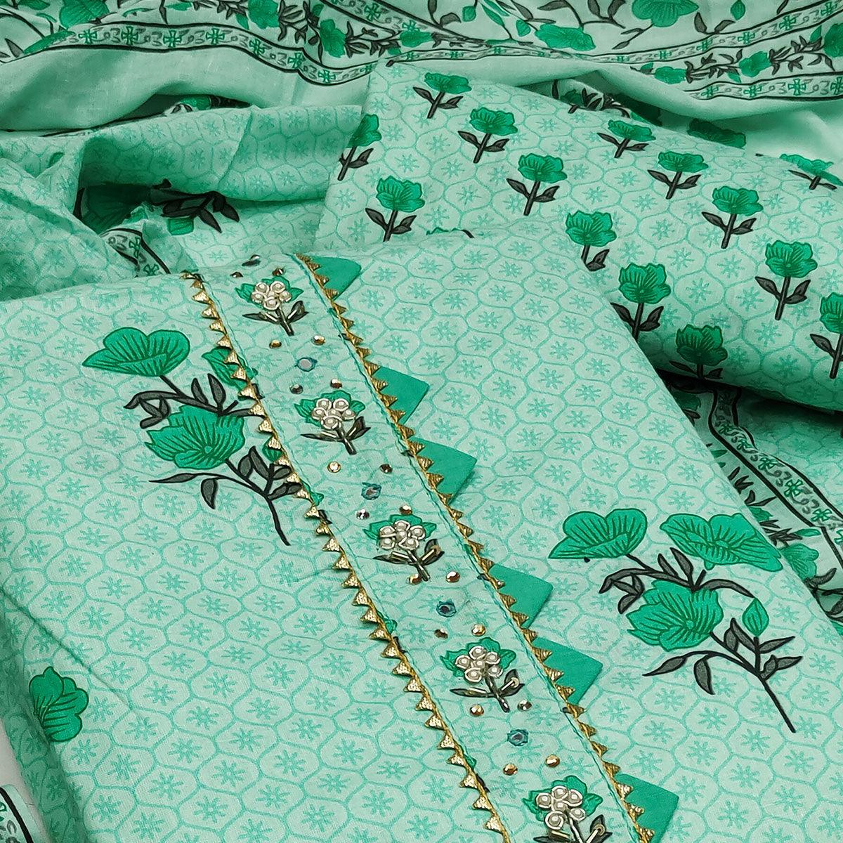 Aqua Green Casual Wear Floral Print With Embellished Cotton Dress Material - Peachmode