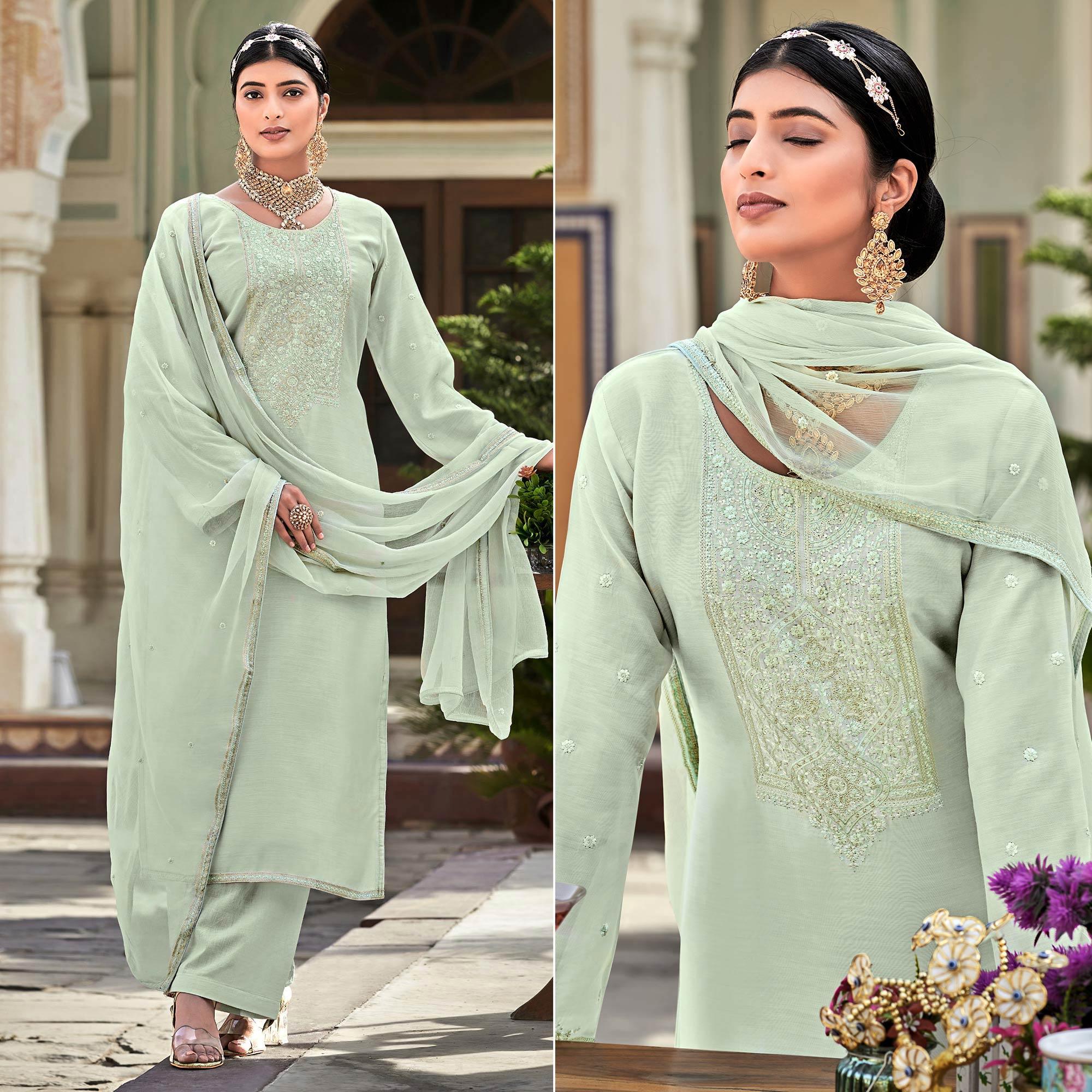 Aqua Green Embroidered Cotton Silk Suit - Peachmode