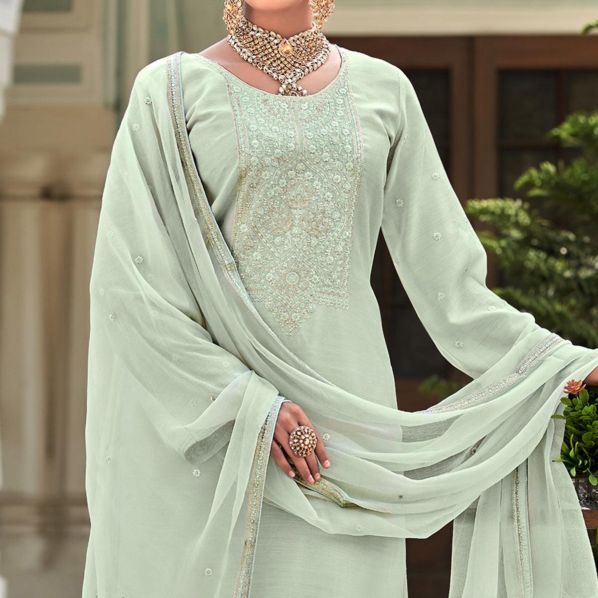 Aqua Green Embroidered Cotton Silk Suit - Peachmode