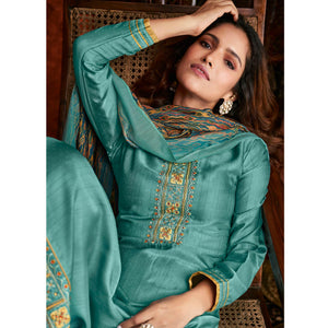 Aqua Green Embroidered Fiona Silk Partywear Suit - Peachmode