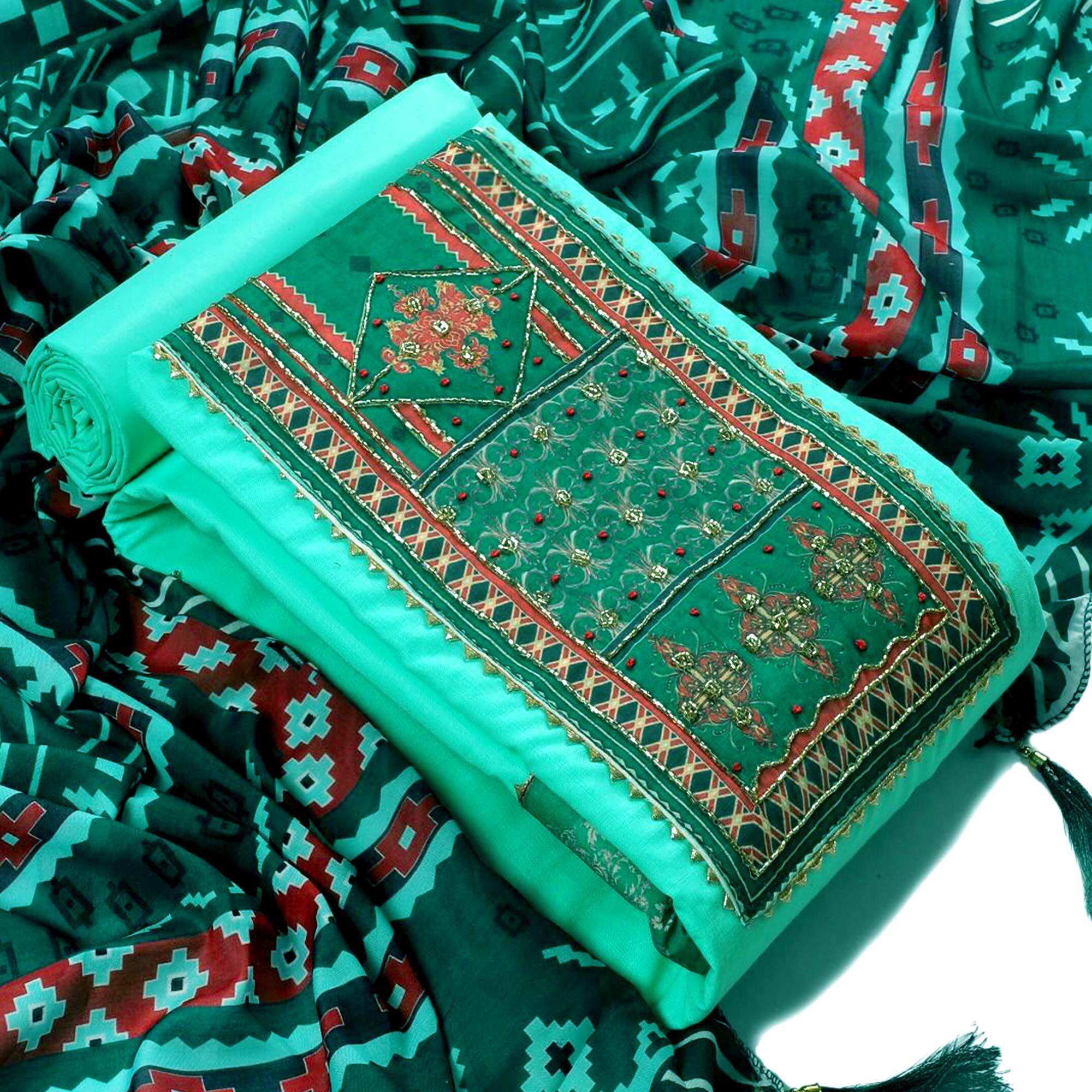 Aqua Green Embroidered Poly Cotton Dress Material - Peachmode