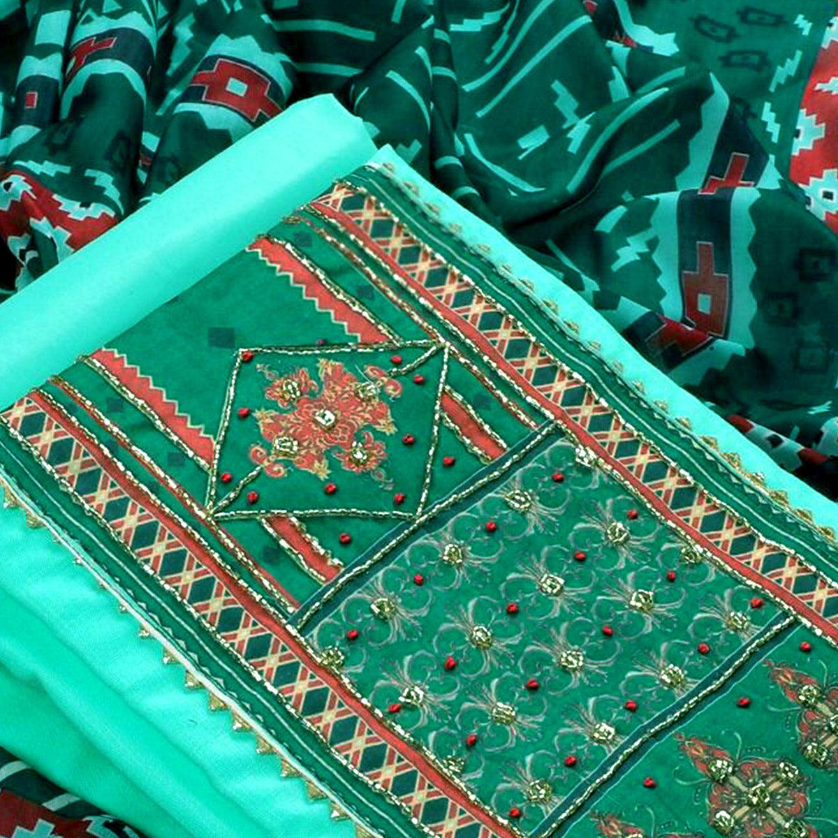 Aqua Green Embroidered Poly Cotton Dress Material - Peachmode