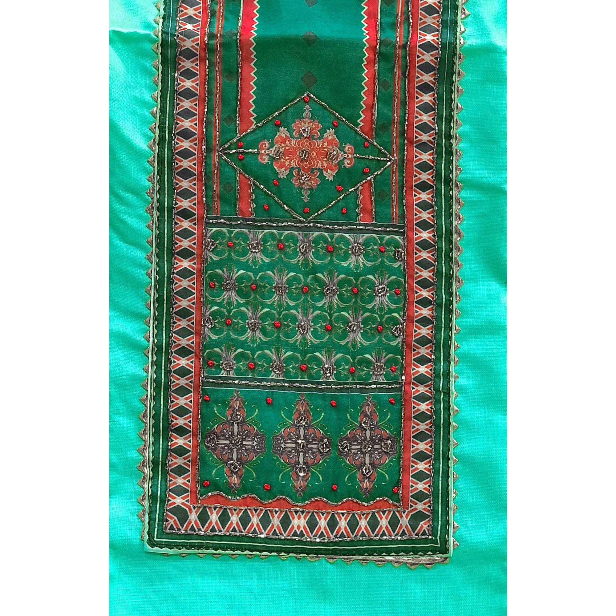 Aqua Green Embroidered Poly Cotton Dress Material - Peachmode