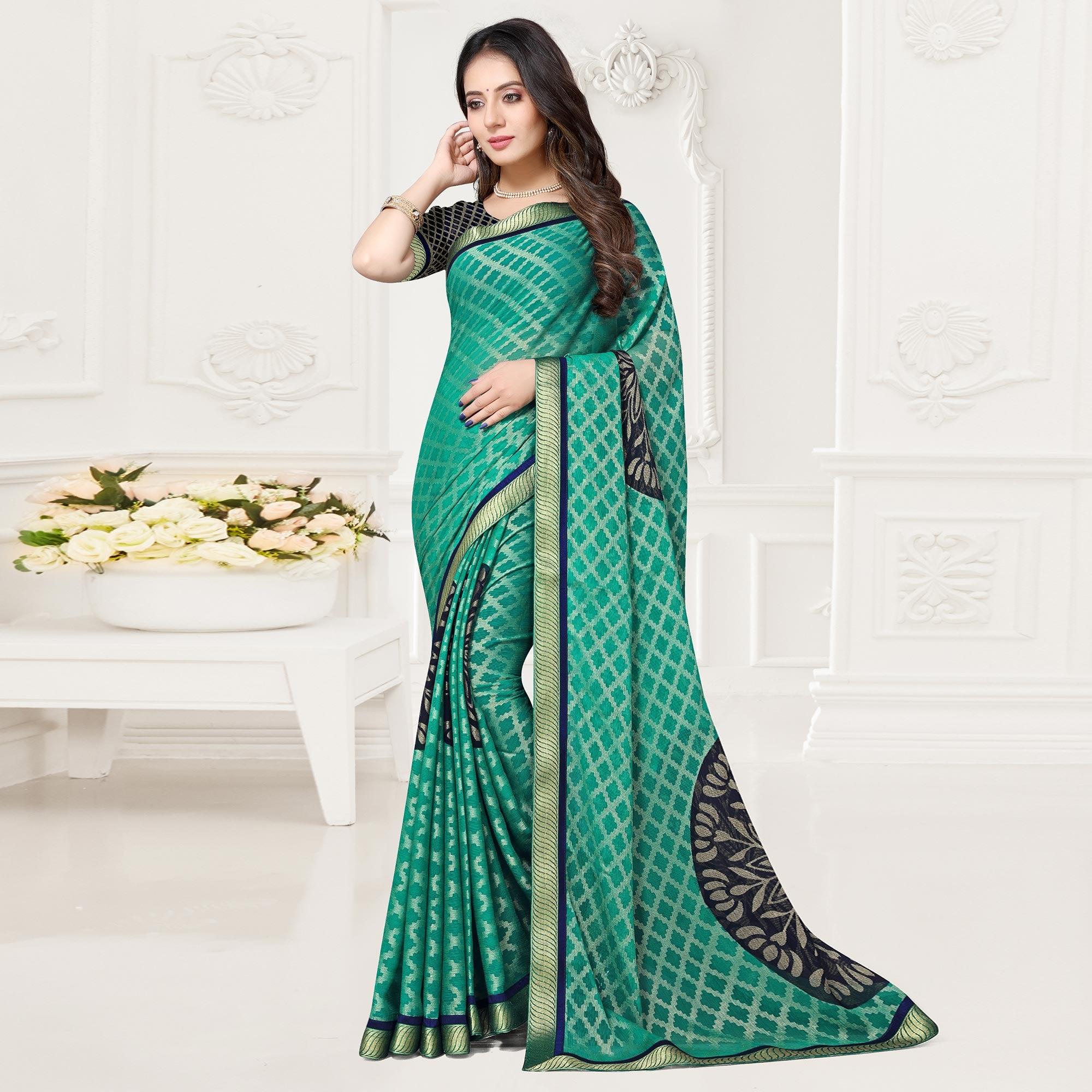 Aqua Green Festive Wear Checks Printed Chiffon Brasso Saree - Peachmode