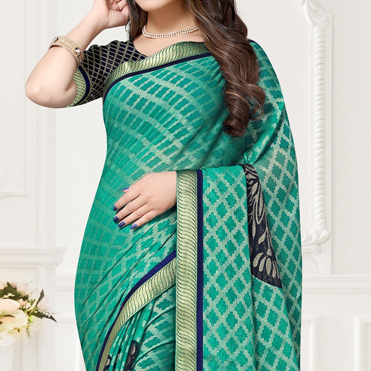 Aqua Green Festive Wear Checks Printed Chiffon Brasso Saree - Peachmode