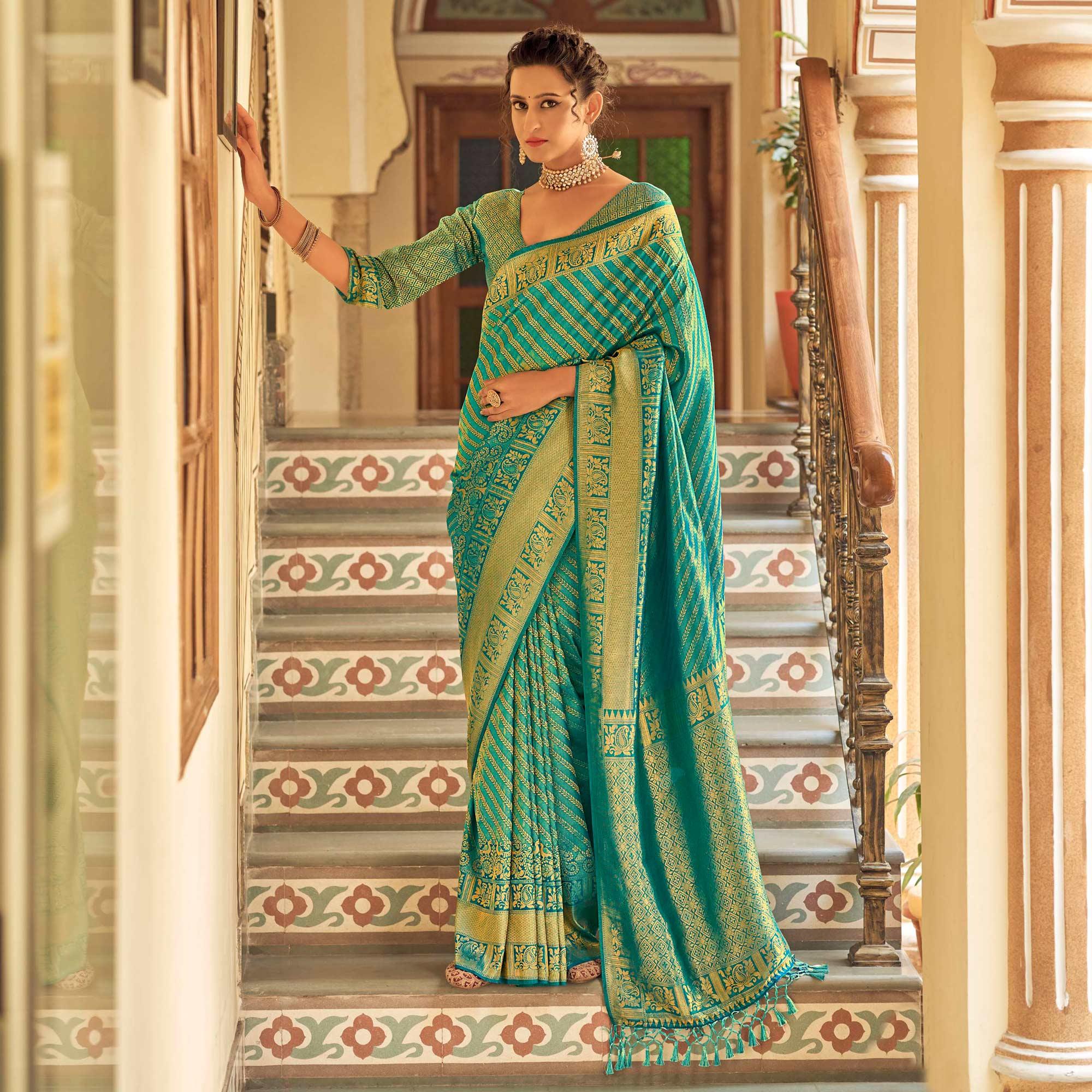 Aqua Green Festive Wear Kanjivaram Blended Silk Saree With Tassels - Peachmode