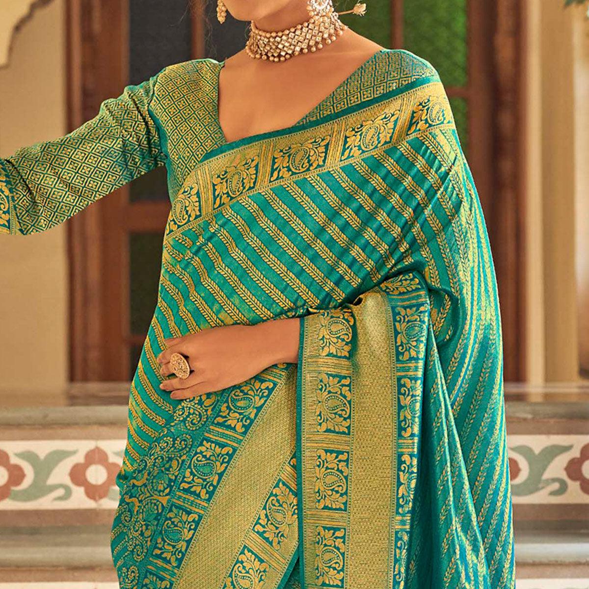 Aqua Green Festive Wear Kanjivaram Blended Silk Saree With Tassels - Peachmode