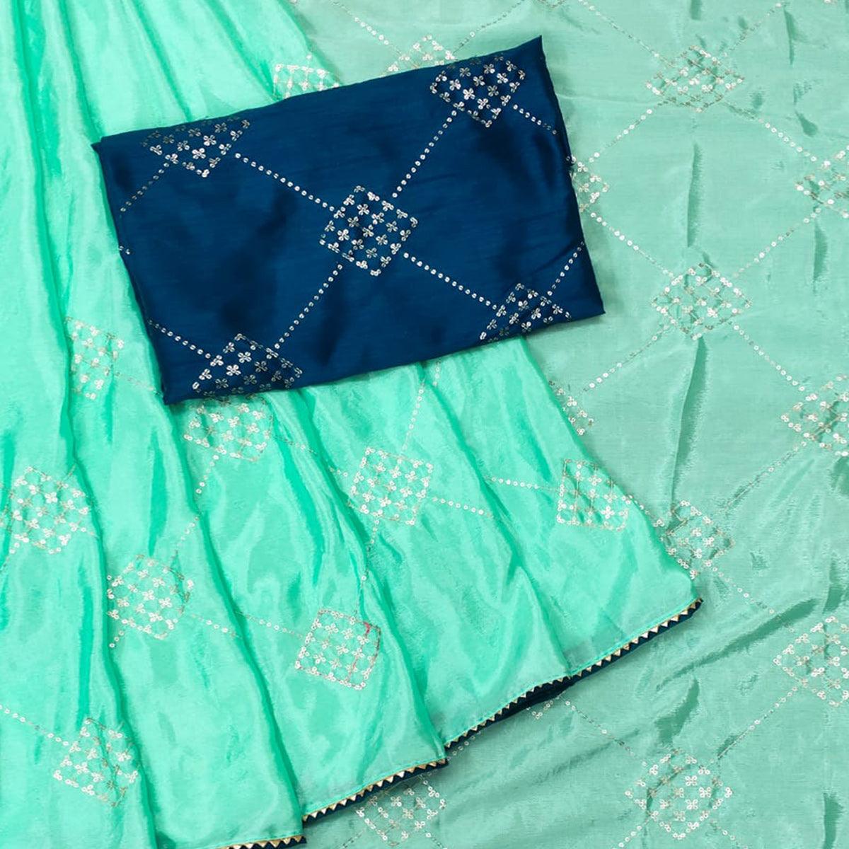 Aqua Green Festive Wear Sequence Work Chiffon Saree - Peachmode