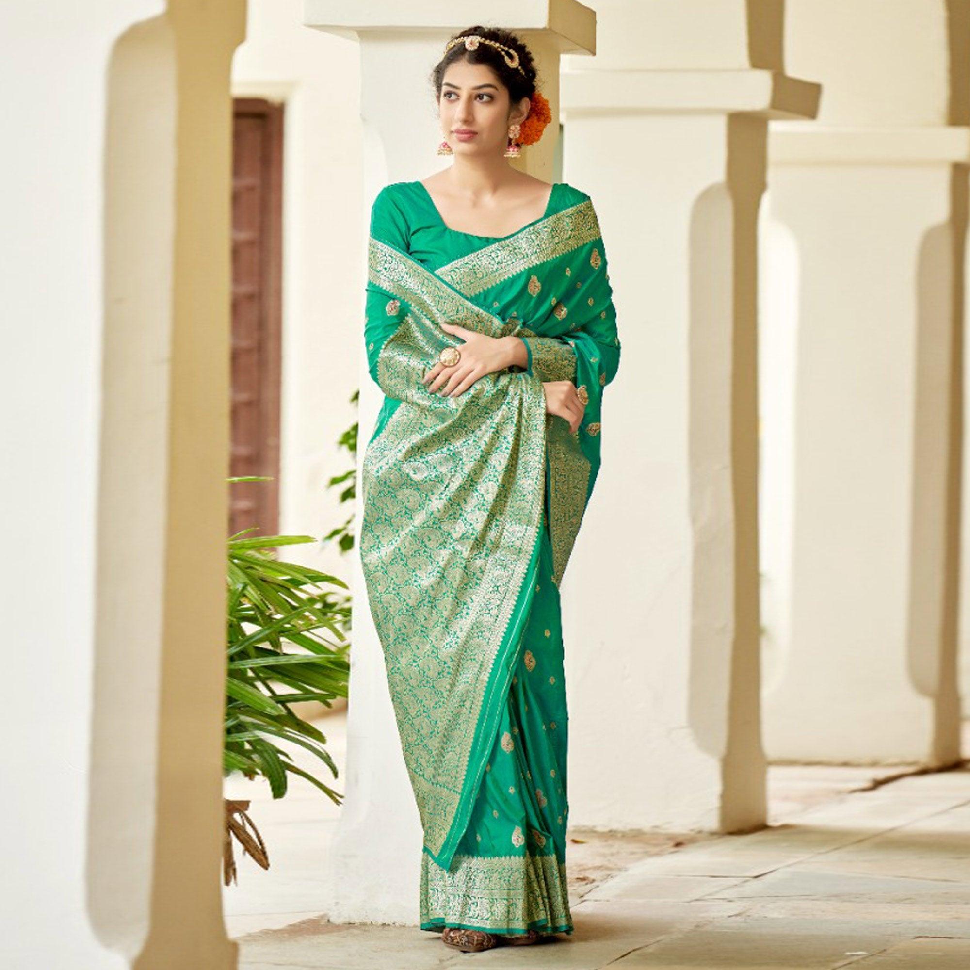 Aqua Green Festive Wear Woven Banarasi Silk Saree - Peachmode