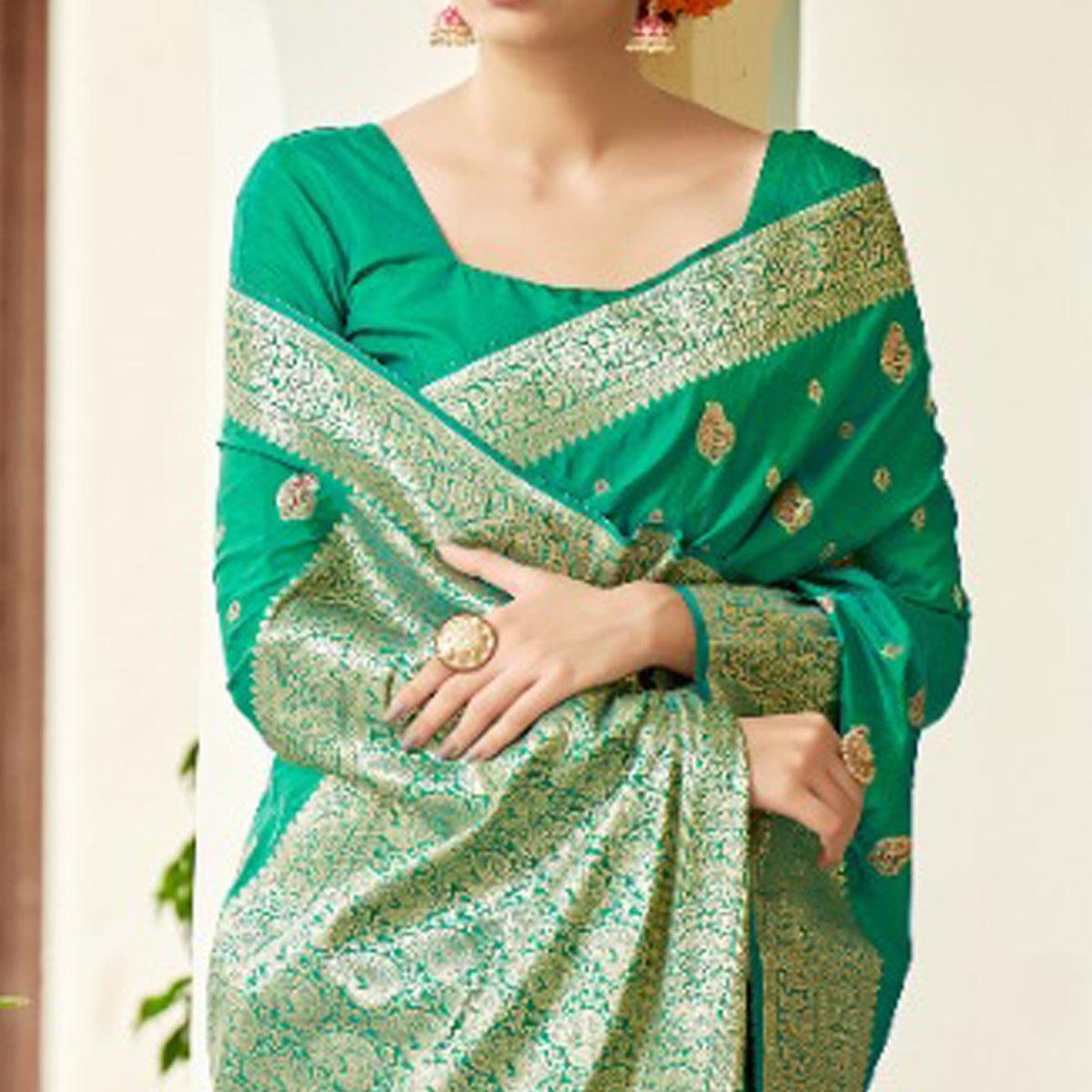 Aqua Green Festive Wear Woven Banarasi Silk Saree - Peachmode