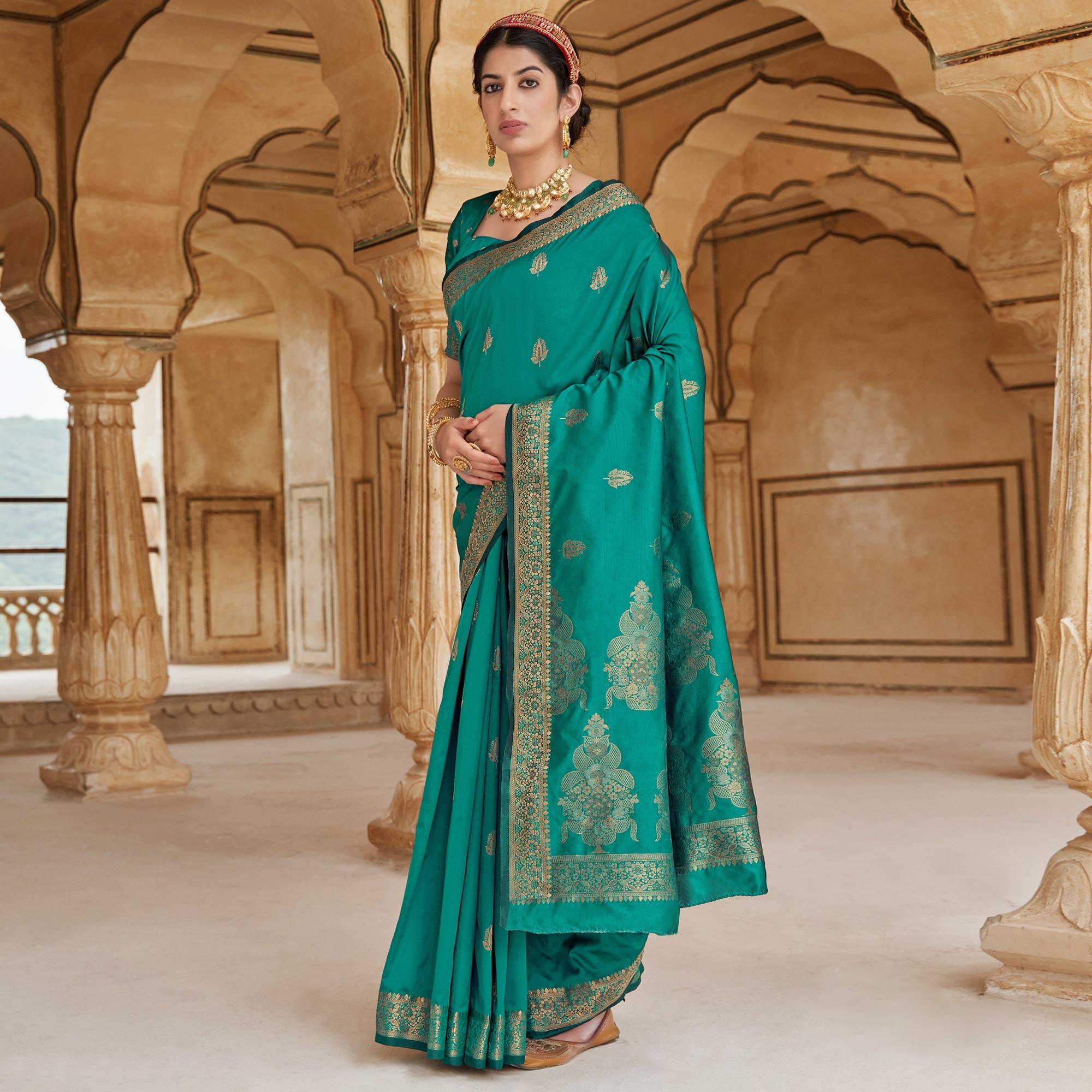 Aqua Green Festive Wear Woven Banarasi Silk Saree - Peachmode