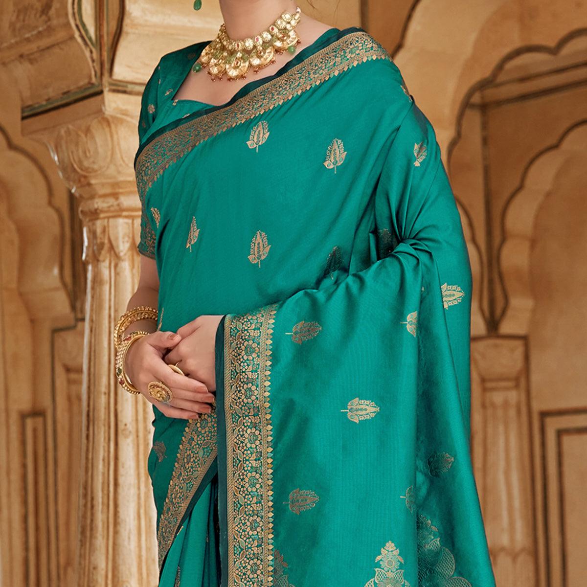 Aqua Green Festive Wear Woven Banarasi Silk Saree - Peachmode