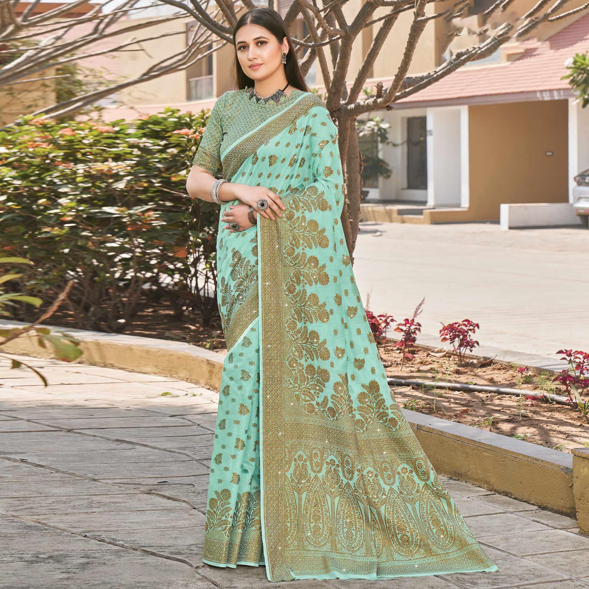 Aqua Green Festive Wear Woven-Embellished Cotton Saree - Peachmode