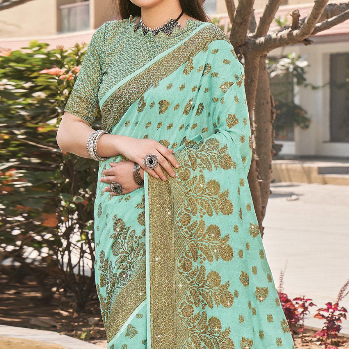 Aqua Green Festive Wear Woven-Embellished Cotton Saree - Peachmode