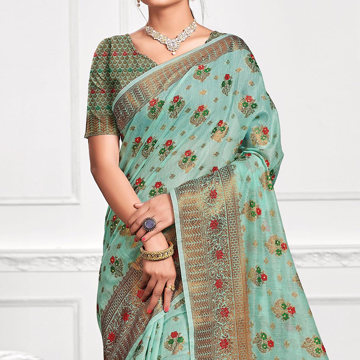 Aqua Green Festive Wear Woven-Embellished Cotton Saree - Peachmode